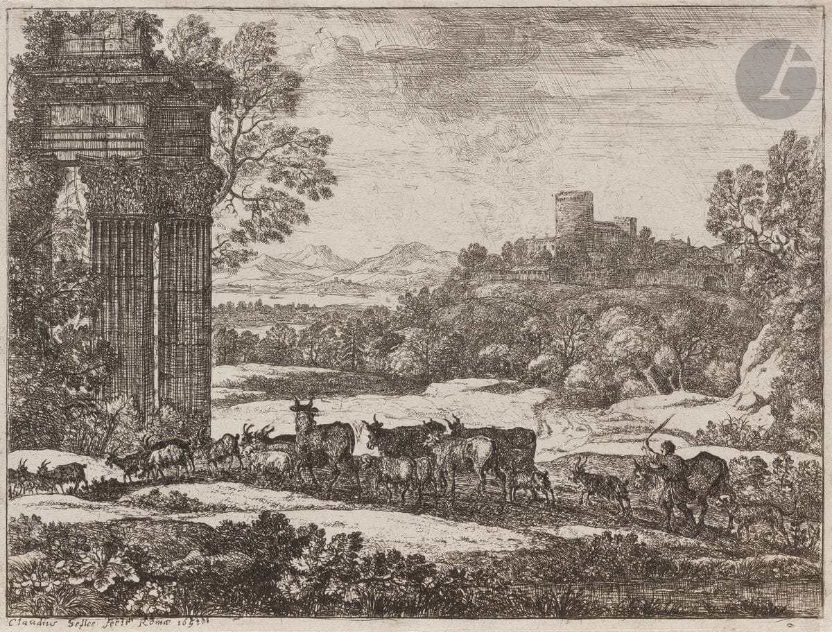 Claude Gellée, 
known as Le Lorrain (ca. 1600-1682)
The Herd on the March in Stormy Weather. 1651. Etching. 222 x 165. Robert-Dumesnil 18; Mannocci 40 II B. Beautiful and brilliant proof on laid paper, trimmed on the plate cut, with the three scratches to the left of the round tower but before the escaped line in the tree to the right. Minor spotting and traces of glue at the edges of the folio on the reverse.

