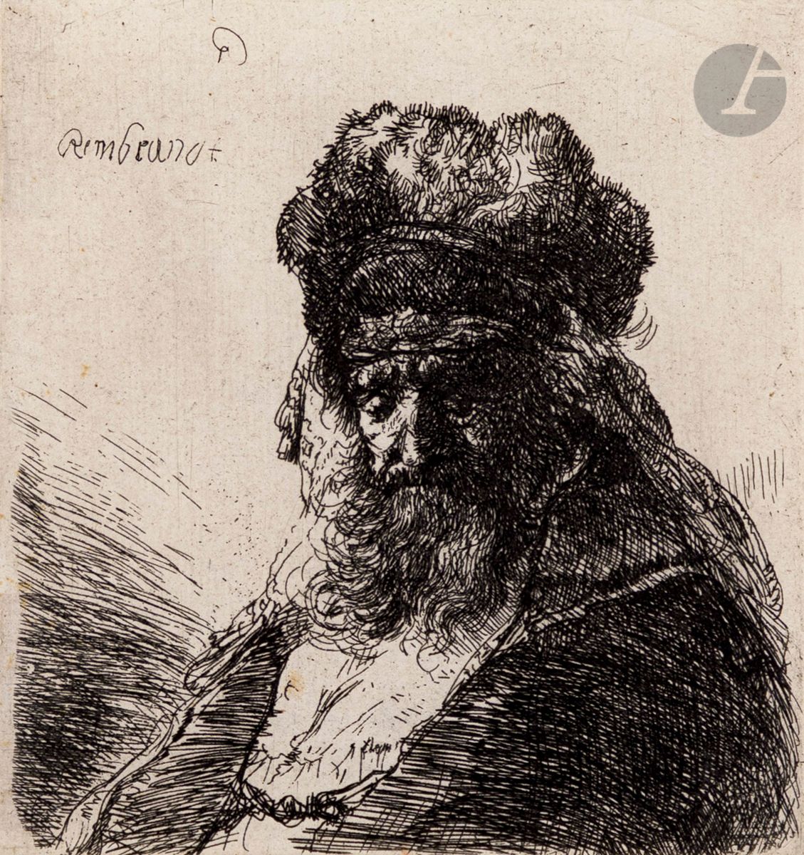 Rembrandt Harmensz. van Rijn (1606-1669
)Old man with a big beard. About 1635. Etching. 102 x 110. Bartsch 290. A very fine proof on 17th century laid paper, the traces of copper polishing slightly perceptible in the backgrounds, trimmed inside the plate cut, with minimal damage to the subject at lower right. A small amount of light freckling on the breastplate. Collector's stamp partly concealed under the mounting tab on the lower right verso: probably F. Koch (Lugt 1020).
