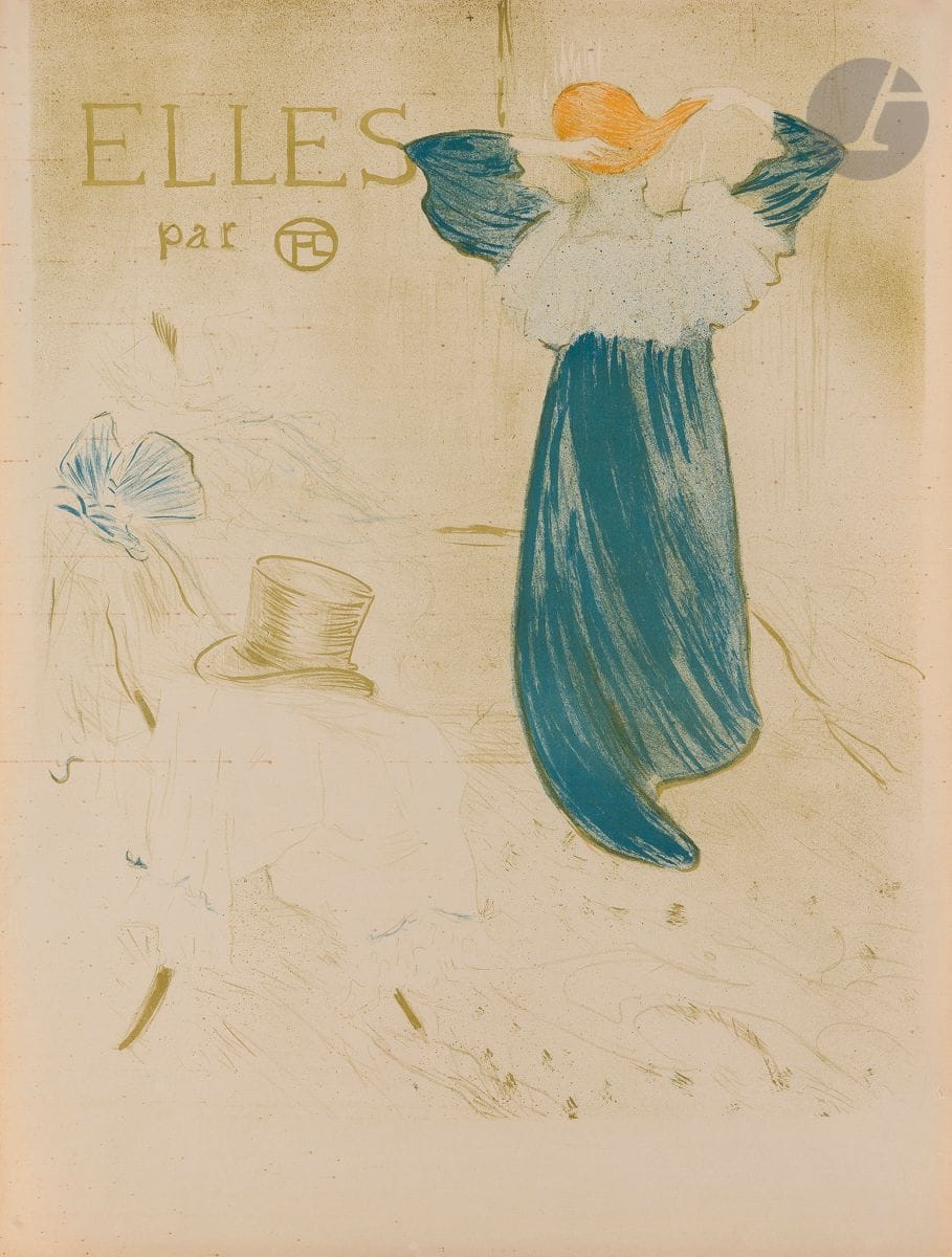 Henri de Toulouse-Lautrec (1864-1901)
Affiche pour la suite « Elles ». 1896. Lithographie. 468 x 573 [500 x 650]. Delteil 179 ; Wittrock 155-3. Impression en couleurs. Belle épreuve d’essai, avant la lettre, sur vélin mince crème. Petits points de décharge d’encre rousse répétés régulièrement, formant de fines bandes horizontales, perceptibles surtout dans les blancs de la feuille – vraisemblablement causés par un mauvais nettoyage du râteau de la presse. Infime accrocs et plis aux bords du feuillet. Toutes marges (celle du bas mesurant 75 mm).
