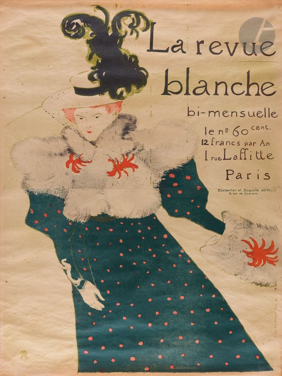 
Henri de Toulouse-Lautrec (1864-1901)



La Revue blanche. Affiche. 1895. Lithographie. [935 x 1290]. Delteil 355 ; Wittrock P16. Impression en couleurs. Très belle épreuve sur vélin mince chamois, en deux morceaux raboutés, anciennement entoilée. Petits manques dans les angles supérieur et inférieur gauches. Fortes rousseurs et oxydation au bord inférieur droit du feuillet. Toutes marges. 



« La Revue Blanche est fondée à Liège en 1889 par les frères Natanson, qui s’installent ensuite à Paris. Elle devient un lieu de débat et promeut les peintres nabis, les néo-impressionnistes et l’Art nouveau. Humour et esprit de fête, liberté, engagement et créativité, pacifisme, laïcité, mondialisation sont les valeurs qu’elle défend. […] La plus célèbre réalisation de Lautrec pour la revue n’est pas une illustration, mais une affiche : elle représente Misia, la femme de Thadée Natanson, muse et mécène de nombreux musiciens et peintres. Le cadrage tronque l’image et suggère le mouvement ; Misia évolue sur une patinoire et la forme de sa robe allant en s’évasant ainsi que le geste du bras gauche tendu vers l’arrière font deviner son glissement.



La Revue Blanche disparaît en 1903. C’est la fin d’une incroyable aventure littéraire, artistique et politique à laquelle les intellectuels les plus contestataires de l’époque ont contribué. » (www.grandpalais.fr).
