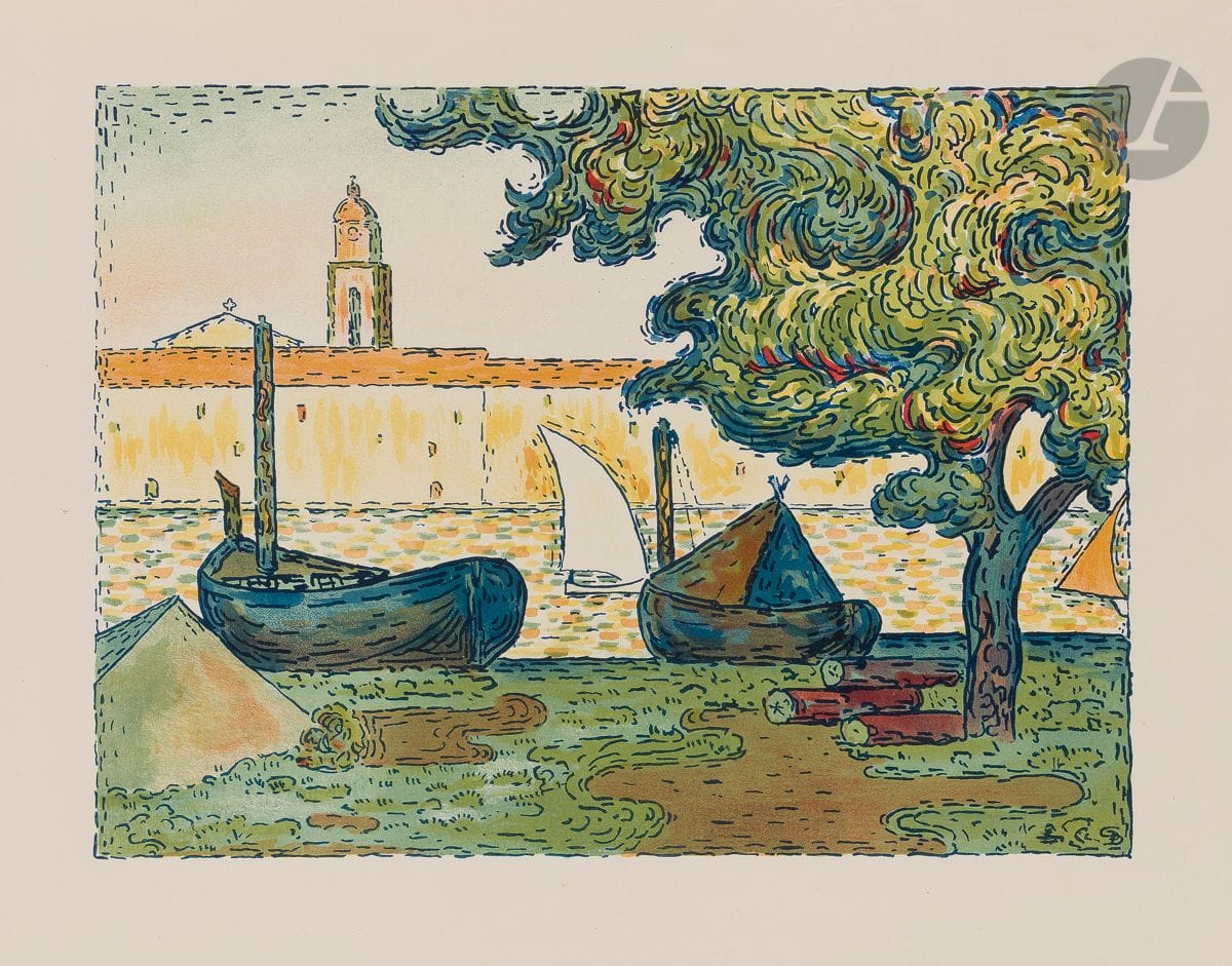 Paul Signac (1863-1935)
Saint-Tropez II. 1894. Lithographie. 365 x 273. Kornfeld et Wick 6. Impression en couleurs. Très belle épreuve sur vélin glacé crème, signée au crayon dans l’angle inférieur droit du feuillet. Trace d’oxydation et courtes déchirures aux bords du feuillet. Toutes marges. Tirage à 100 épreuves. Timbre sec : L’Estampe originale (Lugt 819).
