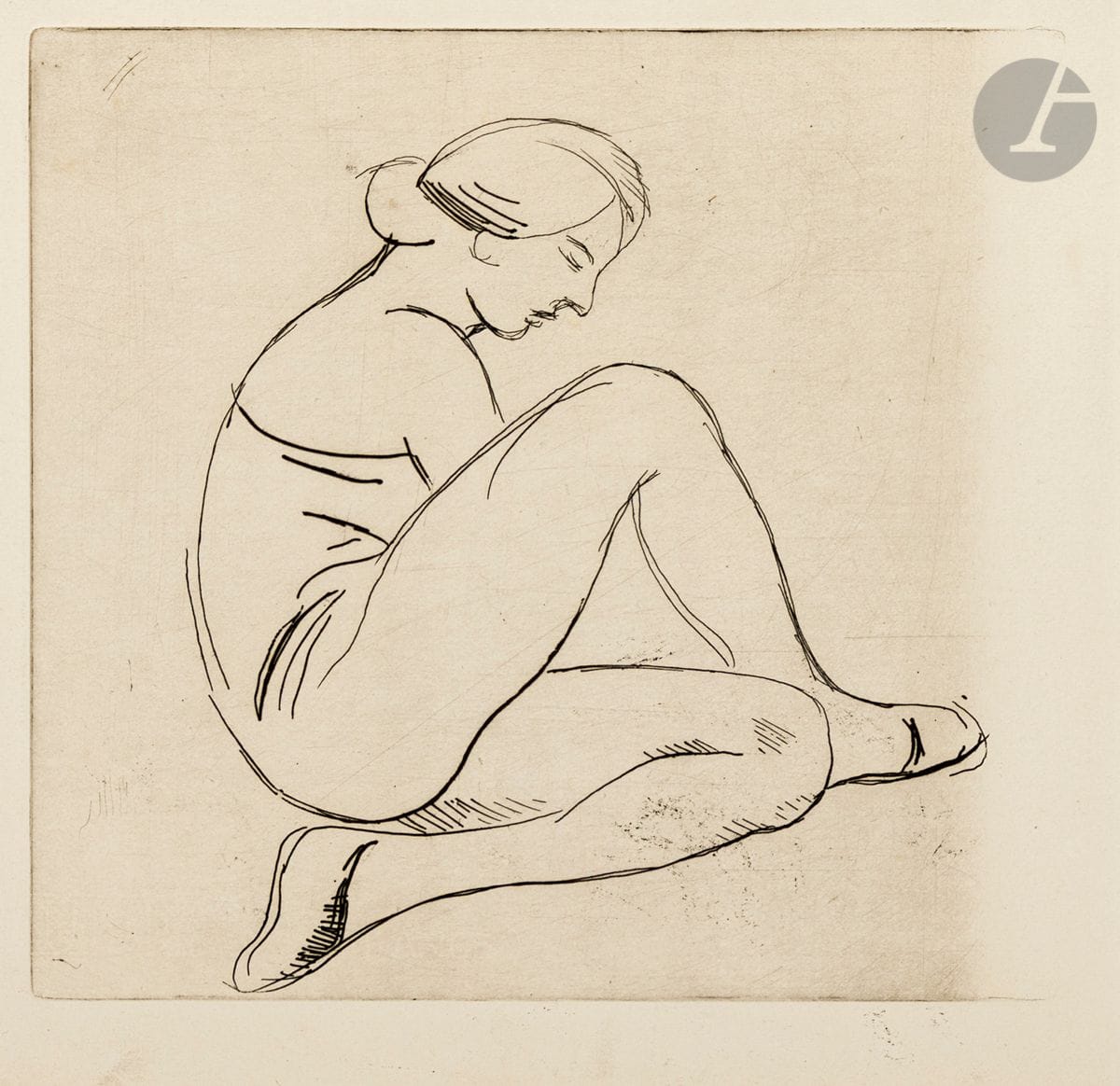 Aristide Maillol (1861-1944
)Woman seated in profile, right, one knee bent, one knee raised. 1926. Etching. 206 x 188. Guérin 321. Nice proof on strong white vellum, the right edge of the copper uninked (forming a white band). Minor soiling and short handling creases at the edges of the sheet. All margins.
This is the artist's first etching.

