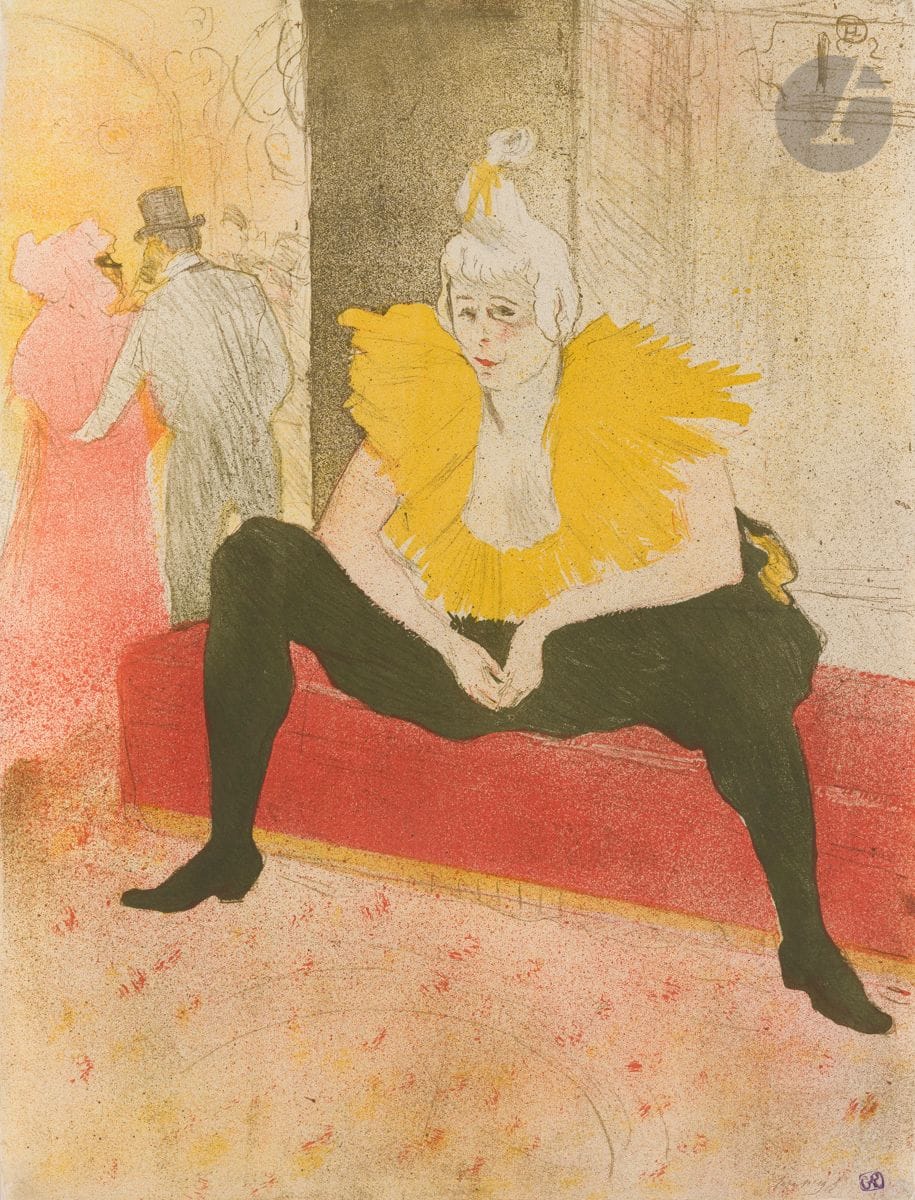 Henri de Toulouse-Lautrec (1864-1901)
La Clownesse assise (Mademoiselle Ch-U-Ka-O). (Pl. de la suite Elles). 1896. Lithographie. [401 x 522]. Delteil 180 ; Wittrock 156. Impression en couleurs. Très belle épreuve sur vélin blanc mince filigrané « g. pellet / t. lautrec », tirée pleine feuille, annotée à la plume et à l’encre sépia par l’éditeur Pellet « Série n° 19 », paraphée puis timbrée par lui (Lugt 1190). Petits accidents dans les angles inférieurs, anciennement restaurés au verso. Pli souple horizontal médian au tiers supérieur du feuillet à droite, atteignant le visage. Petites taches rousses au bord droit au-dessus du pied du modèle. Tirage à 100 épreuves.

« Danseuse et clownesse au Nouveau Cirque et au Moulin Rouge, Cha-U-Kao doit son nom de scène, aux consonances japonisantes, à la retranscription phonétique des mots français «chahut» (danse acrobatique dérivée du cancan) et «chaos» que suscitait son entrée en scène. Comme la Goulue, Cha-U-Kao est une figure récurrente dans l’œuvre du peintre, et appartient au monde du spectacle parisien de la fin du XIXe siècle. Son métier de clown et parfois même d’acrobate la rattache toutefois plutôt à la tradition du cirque, qui passionna aussi le peintre, qu’à celle des cabarets. » (www.musee-orsay.fr).