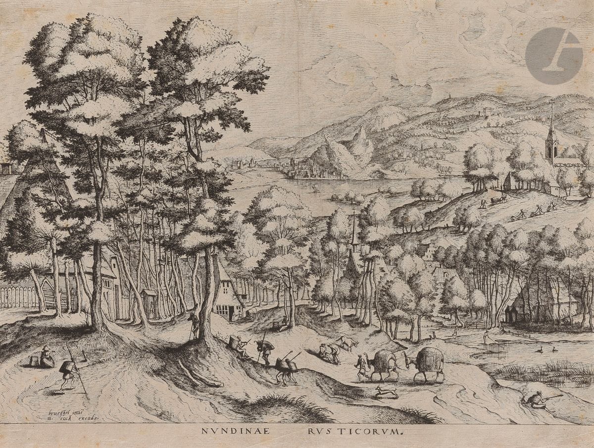 Pieter Brueghel the Elder (ca. 1525-ca. 1569) (after
)Nundinae Rusticorum (The Peasants' Market). (Pl. of a suite of 12 landscapes). Circa 1557. Etching and burin by Jan and Lucas van Doetecum. 416 x 325. Hollstein 13; New Hollstein (Bruegel) 59. A very fine and bright proof on thin laid paper, of the 2nd state (of 3), before number 2 after the excudit, trimmed on the square line but well complete with the tablet, the lines of lettering still very visible (indicative of one of the first proofs drawn). Some light scattered foxing. Vertical drying fold in the middle. Traces of folds, including a few fine folds of printing. Small remnants of tabs and traces of glue at the edges of the folio on the reverse side. Ex-coll. J. Cantacuzène (Lugt 4030).

Reproduced in J. van der Stock, ed. in Hieronymus Cock; La gravure à la Renaissance (exhibition at the Royal Library of Belgium, Brussels, and at the Fondation Custodia, Collection Frits Lugt), Paris, Brussels, Fonds Mercator ed. 2013, p. 387, no. 107.11. 
"...the overall conception [of the suite] became clearer during the course of execution. Thus, Fuga deiparae in Aegyptum and Nundinae rusticorum were printed for the first time without Bruegel's name appearing in them, probably because Cock did not yet see this as a persuasive commercial argument. He soon changed his mind, however, since in the second state of these prints - no doubt related to the amplification of the initial project - Bruegel is now listed as inventor, which reveals how the preparation of the Great Landscapes was a decisive turning point in the young artist's career." (D. Allart, in J. van der Stock, ed., Hieronymus Cock; La gravure à la Renaissance, op. cit., p. 380) 
"One of the more intimate landscapes of the series that call to mind Flemish villages rather than Alpine heights. Oberhuber has argued that this etching reveals a higher quality than many of the others in the series, indicating perhaps the work one of the van Doetecum brothers working alone. See Oberhuber, "Zwischen Renaissance und Barock", 1968." (www.britishmuseum.org).





