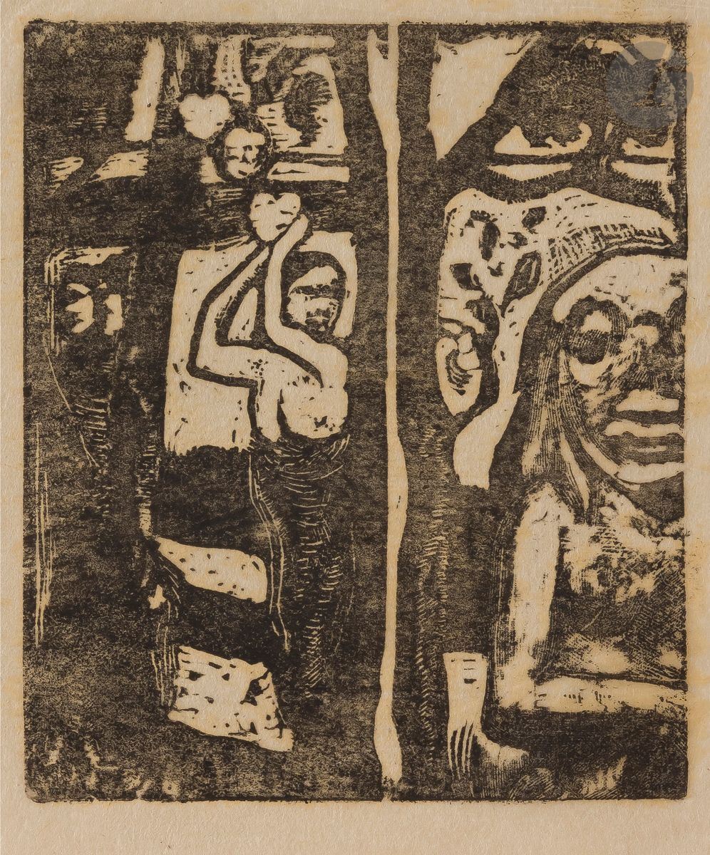 Paul Gauguin (1848-1903)
Femme cueillant des fruits et Oviri. 1896-1897. Bois gravé. 88 x 104 [115 x 155]. Mongan, Kornfeld, Joachim 36. Très belle épreuve sur japon pelure, collée par le bord supérieur sur fragment de vélin provenant d’une publication et portant au verso une publicité pour des lampes (années 1900). Fin pli oblique dans l’angle inférieur droit. Tirage estimé à 25 ou 30 épreuves.