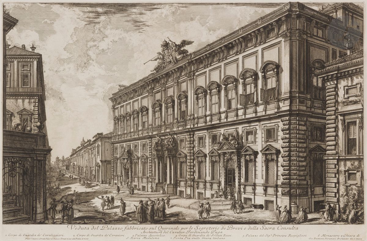 Giambattista Piranesi (1720-1778)
Veduta del Palazzo fabbricato sul Quirinale (Le Palais de la Consulte). 1749 (?). Eau-forte et burin. 620 x 405 [762 x 540]. Hind 22 (iv/vi). Très belle et fraîche épreuve sur vergé fort, le prix effacé, avant le numéro 38. Numéro de folio 59 à la plume et à l’encre sépia dans l’angle supérieur droit. Pli vertical médian normal. Petite auréole claire d’humidité en marge inférieure. Rousseurs dans l’angle inférieur droit. Bord gauche irrégulier, légèrement déchiqueté, avec petits trous d’onglets de reliure. Grandes marges. 1er tirage parisien.