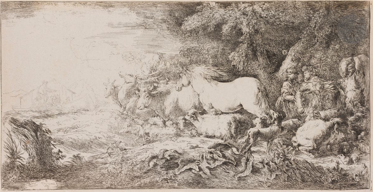 Giovanni Benedetto Castiglione (1609-1664)
L’Entrée des animaux dans l’arche de Noé. Eau-forte. [405 x 210]. Bartsch 1. Belle épreuve sur vergé, rognée sur le trait carré en tête et à gauche, avec marges de 3 à 5 mm sur les deux autres côtés. Petite tache rousse dans la souche d’arbre à gauche, essentiellement visible au verso. Dans l’angle inférieur gauche au verso, 4 lignes manuscrites anciennes à la plume et à l’encre sépia (vers moralisateurs), se terminant par la date « 1630 ».
