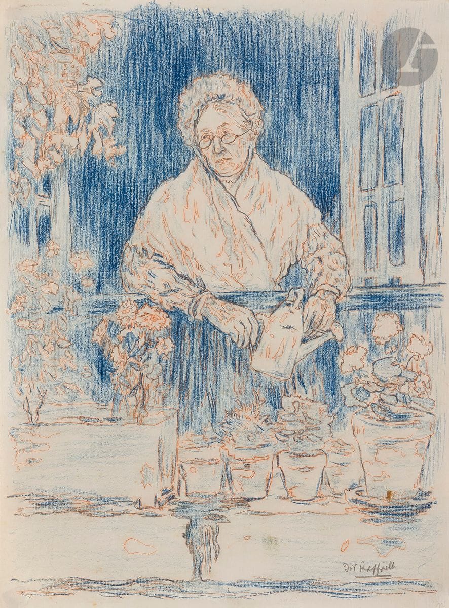 Jean-François Raffaëlli (1850-1924)
Le Jardin de la vieille fille. Vers 1894. Impression sur papier Gillot en vue de produire un gillotage. [238 x 322]. Épreuve en bleu et sanguine sur vélin fin texturé, reprise à la mine de plomb, signée au crayon. Traces de colle dans les angles au verso.

 Le sujet est en sens inverse par rapport à la gravure éponyme de 1894 (eau-forte, pointe sèche et vernis mou, Delteil 18) et du même format : on peut penser que, suite à divers transferts, l’image a été reportée sur papier gillot dans le but d’être clichée pour parution dans la presse ou dans une revue. On note deux trous de repérage en tête en en pied. Ce sujet a peut-être en outre servi à l’établissement des plaques de couleurs dans le tirage de la gravure.
