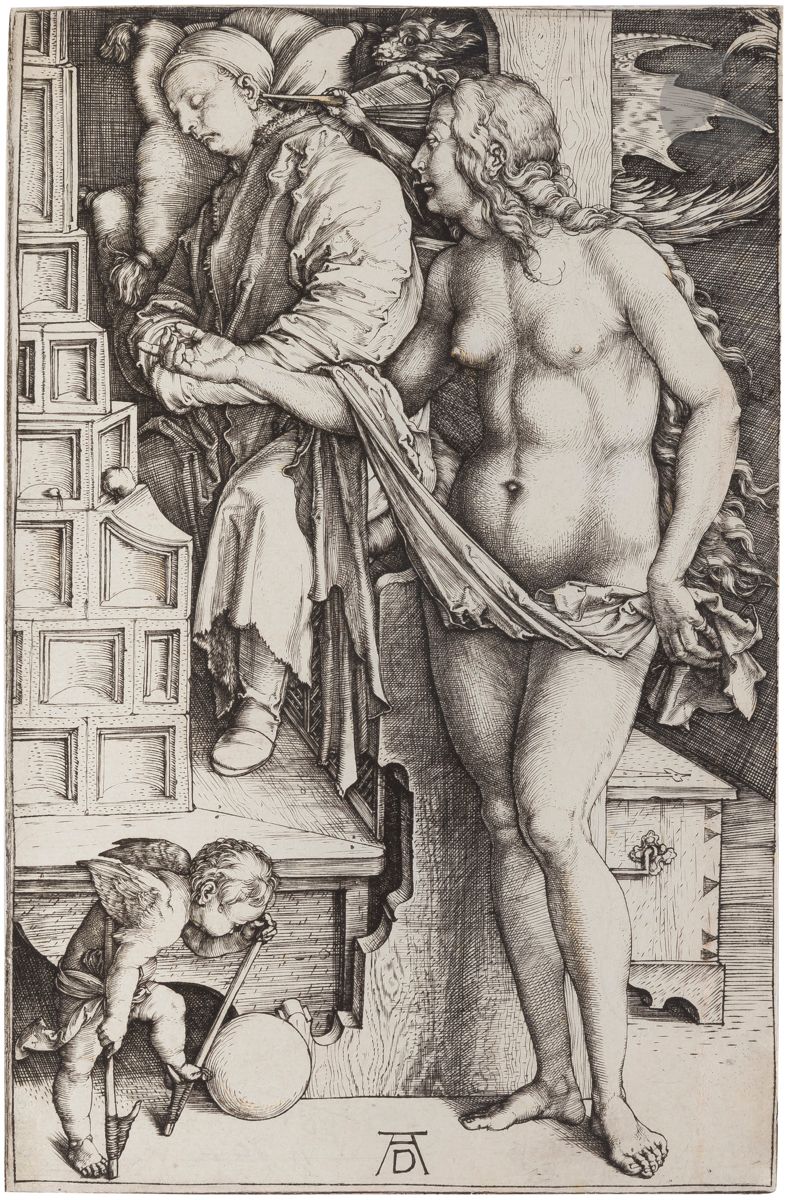 Albrecht Dürer (1471-1528)
Le Songe du docteur. Vers 1498. Burin. 118 x 185. Bartsch 76 ; Meder 70 a/f. Exceptionnelle et brillante épreuve sur vergé mince avec filigrane à la tête de bœuf très apparent (Meder 62), rognée au trait carré, mais avec le double filet bien visible en pied. Ex-coll. E. G. Kennedy (Lugt 857) et marque non identifiée (Lugt 1493b, également vue sur une estampe de Dürer).

 La tentatrice nue est inspirée des canons italiens du corps féminin et le poêle est un symbole de rajeunissement : on y voit la pomme de la tentation s’y réchauffer doucement. L’oreiller symbolise la paresse, « oreiller du Diable ». Dans La Nef des fous de Sebastian Brant, pour lequel Dürer produisit des illustrations, il est ainsi question d’un fainéant qui dort jour et nuit et n’aime rien tant que son poêle, « hibernant dans sa maison telle une souris », inconscient que le démon s’apprête à l’induire en tentation.