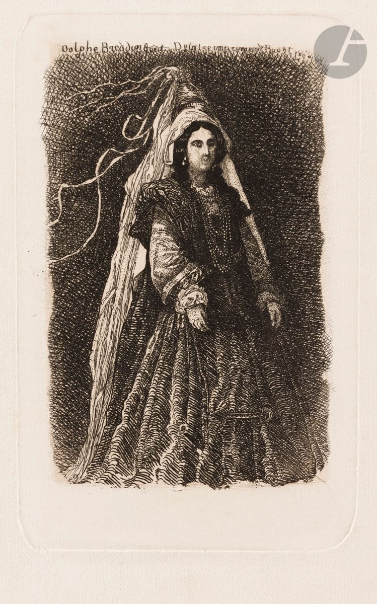Rodolphe Bresdin (1822-1885
)Woman in fantastic medieval costume. About 1861. Etching. 66 x 101. Van Gelder 106. Very nice proof on short chine applied. Very slight oxidation of the folio. Some light scattered foxing. Nice margins [203 x 280]. 

Plate published in the Revue fantaisiste, vol. III, 13th issue, August 15, 1861.


