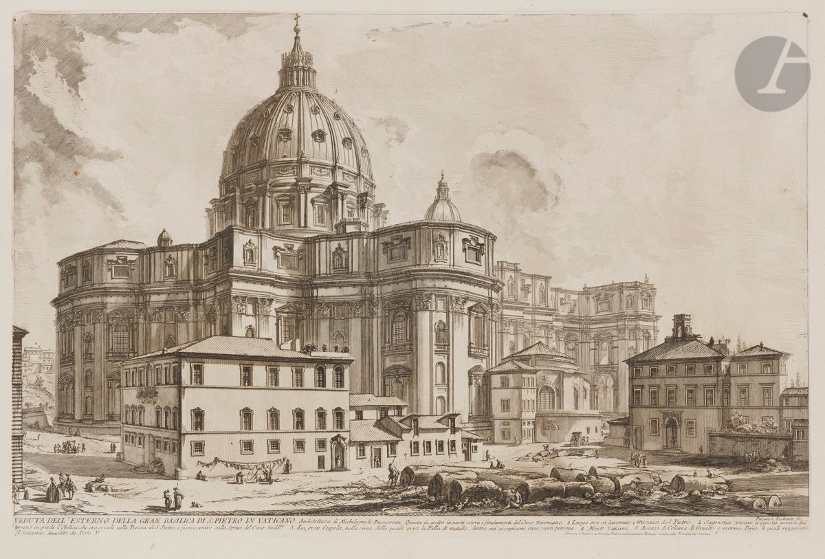 Giambattista Piranesi (1720-1778)
Veduta dell’ Esterno della gran Basilica di S. Pietro in Vaticano (La Basilique Saint-Pierre de l’extérieur). 1748. Eau-forte et burin. 602 x 398 [770 x 540]. Hind 5 (v/vii). Très belle épreuve sur vergé fort, le prix effacé, avant le numéro 7. Numéro de folio 8 à la plume et à l’encre sépia dans l’angle supérieur droit. Pli vertical médian. Quelques rousseurs, dont une plus marquée dans le ciel à gauche. Bord gauche irrégulier, déchiqueté, avec petits trous d’onglets de reliure et avec manques. Grandes marges. 1er tirage parisien.