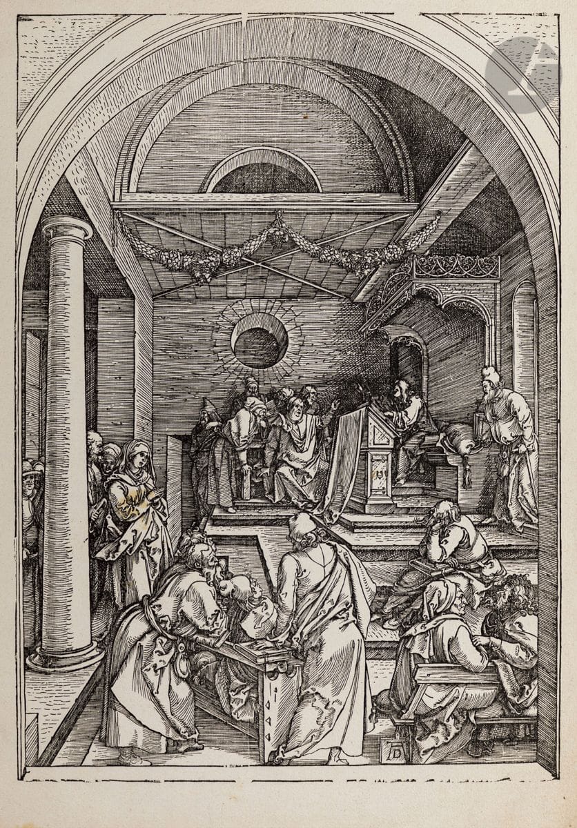 Albrecht Dürer (1471-1528)
Jésus Christ à l’âge de douze ans disputant au temple avec les docteurs. Vers 1503. Bois gravé. 208 x 293 [245 x 345]. Bartsch 91 ; Meder 203 (entre d et f/g). Belle épreuve sur vergé mince, avec de nombreuses cassures sur le trait carré et plusieurs lignes de cassure dans le bois. Petites amincissures et arrachements le long du bord droit du feuillet. Plusieurs petites taches rousses (une en marge inférieure, une dans le corps de la Vierge). Pli cassé dans l’angle supérieur droit. Filigrane : vessie de poisson et étoile avec les lettres IM (vers 1580, Meder 309).