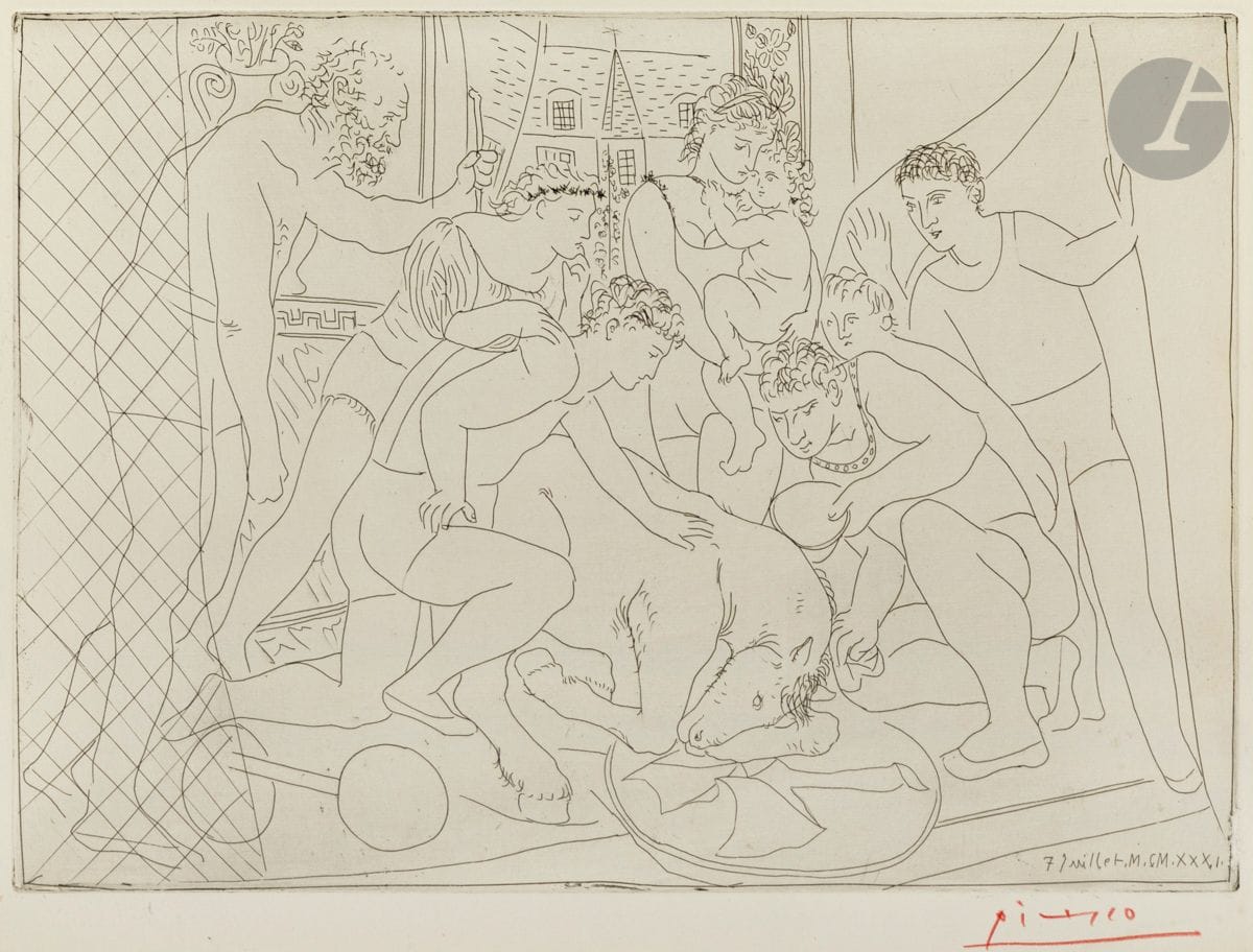 Pablo Picasso (1891-1973)
Cheval mourant entouré d’une famille de saltimbanques. 7 juillet 1931. Eau-forte. 310 x 220. Bloch 235 ; Baer 206 B b. Parfaite épreuve tirée avec légère teinte de fond, l’une des 60 sur vélin crème, signée au crayon rouge. Toutes marges non ébarbées [325 x 252]. Tirage effectué en 1947 par Lucien Vollard et Marcel Lecomte. Tirage total à environ 100 épreuves.