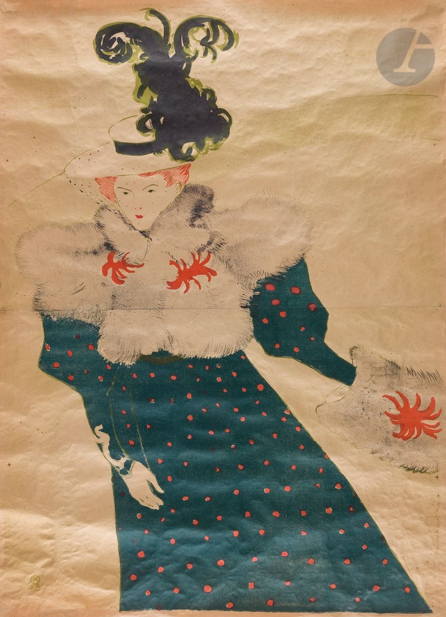 Henri de Toulouse-Lautrec (1864-1901)
La Revue blanche. Affiche. 1895. Lithographie. [920 x 1265]. Delteil 355 ; Wittrock P16. Impression en couleurs. Très belle épreuve sur vélin mince chamois, en deux morceaux raboutés, du tirage sans la lettre, anciennement entoilée. Nombreuses petites ondulations en surface, liées à l’entoilage. Une déchirure oblique de 55 mm et un petit morceau restauré en marge supérieure à gauche. Un petit manque à la jonction des deux feuillets au bord gauche. Légères traces de colle en surface dans le bleu de la robe en bas à droite. Infimes accrocs aux bords du feuillet. Toutes marges.

« L’affiche sans la lettre a été publiée par La Revue Blanche (édition de 50) comme une des «publications artistiques» au prix de 8 francs. » (Wittrock).