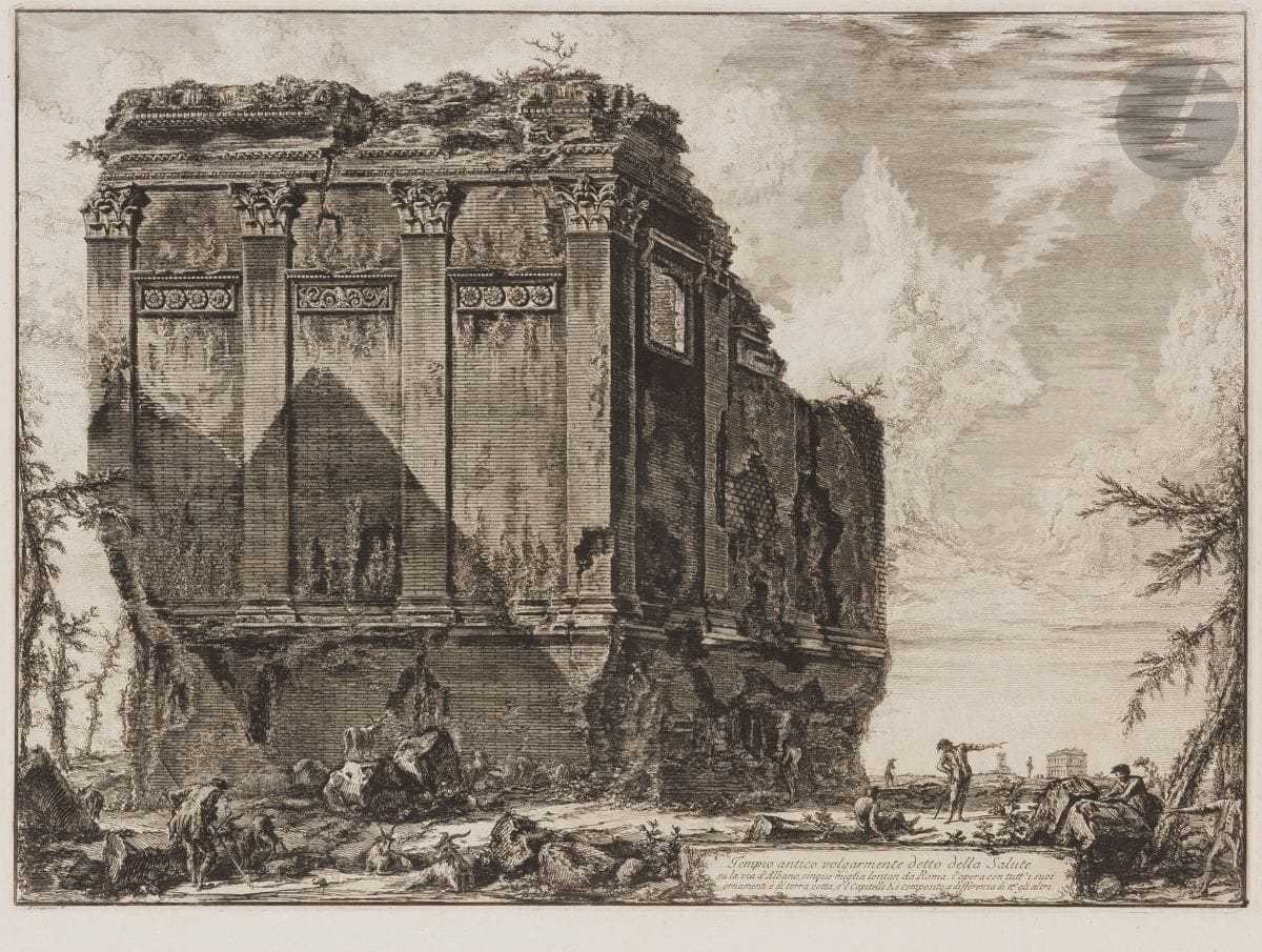 Giambattista Piranesi (1720-1778)
Tempio antico volgarmente detto della Salute su la via d’Albano… (Le Temple dit de la Santé, sur la route d’Albano). 1763. Eau-forte et burin. 560 x 410 [762 x 540]. Hind 71 (ii/iv). Très belle épreuve sur vergé fort, avant le numéro 65. Numéro de folio 66 à la plume et à l’encre sépia dans l’angle supérieur droit. Pli vertical médian normal. Bord gauche irrégulier, légèrement déchiqueté, avec petits trous d’onglets de reliure. Petit arrachement dans l’angle inférieur droit. Grandes marges. 1er tirage parisien.
