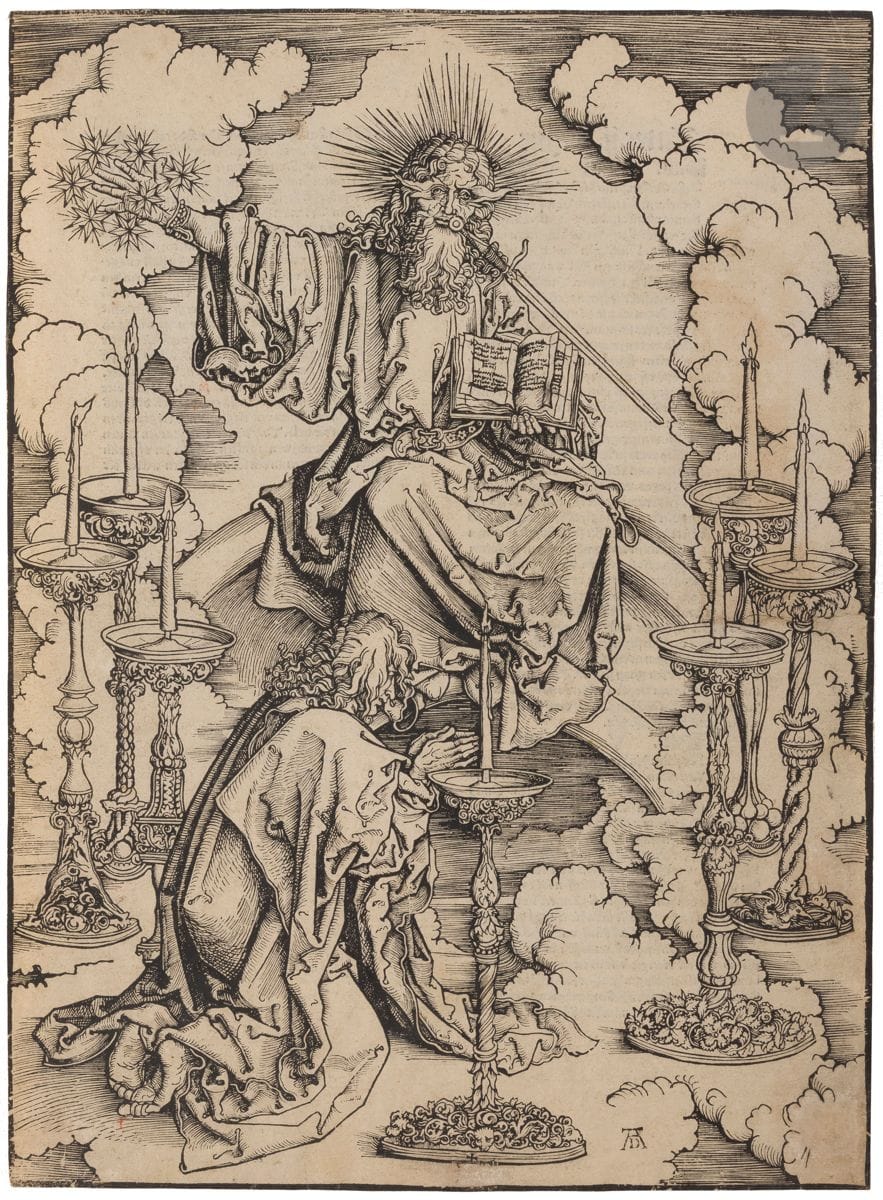 Albrecht Dürer (1471-1528) (d’après)
Saint Jean voit les sept chandeliers d’or. (Pl. 2 de L’Apocalypse). 1498. Bois gravé (copie anonyme de Bartsch 62, Meder 165). 279 x 388. Belle épreuve sur vergé, d’une édition avec texte allemand au verso, légèrement jaunie, rognée mais bien complète du trait carré, le monogramme de Dürer déplacé en bas vers la droite par rapport à la gravure originale. Habiles et larges restaurations anciennes perceptibles au verso, formant de légers halos au recto.