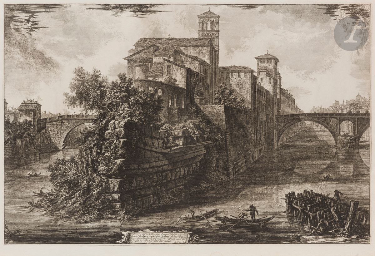 Giambattista Piranesi (1720-1778)
Veduta dell’ Isola Tiberina (Vue de l’Île Tibérine). 1775. Eau-forte et burin. 715 x 475 [756 x 540]. Hind 121 (i/iii). Très belle épreuve sur vergé fort, avant les numéros. Numéro de folio 57 à la plume et à l’encre sépia dans l’angle supérieur droit. Pli vertical médian normal avec renfort en pied au verso. Petites auréoles d’humidité en marge inférieure. Bord gauche irrégulier, légèrement déchiqueté, avec petits trous d’onglets de reliure. Grandes marges. 1er tirage parisien.