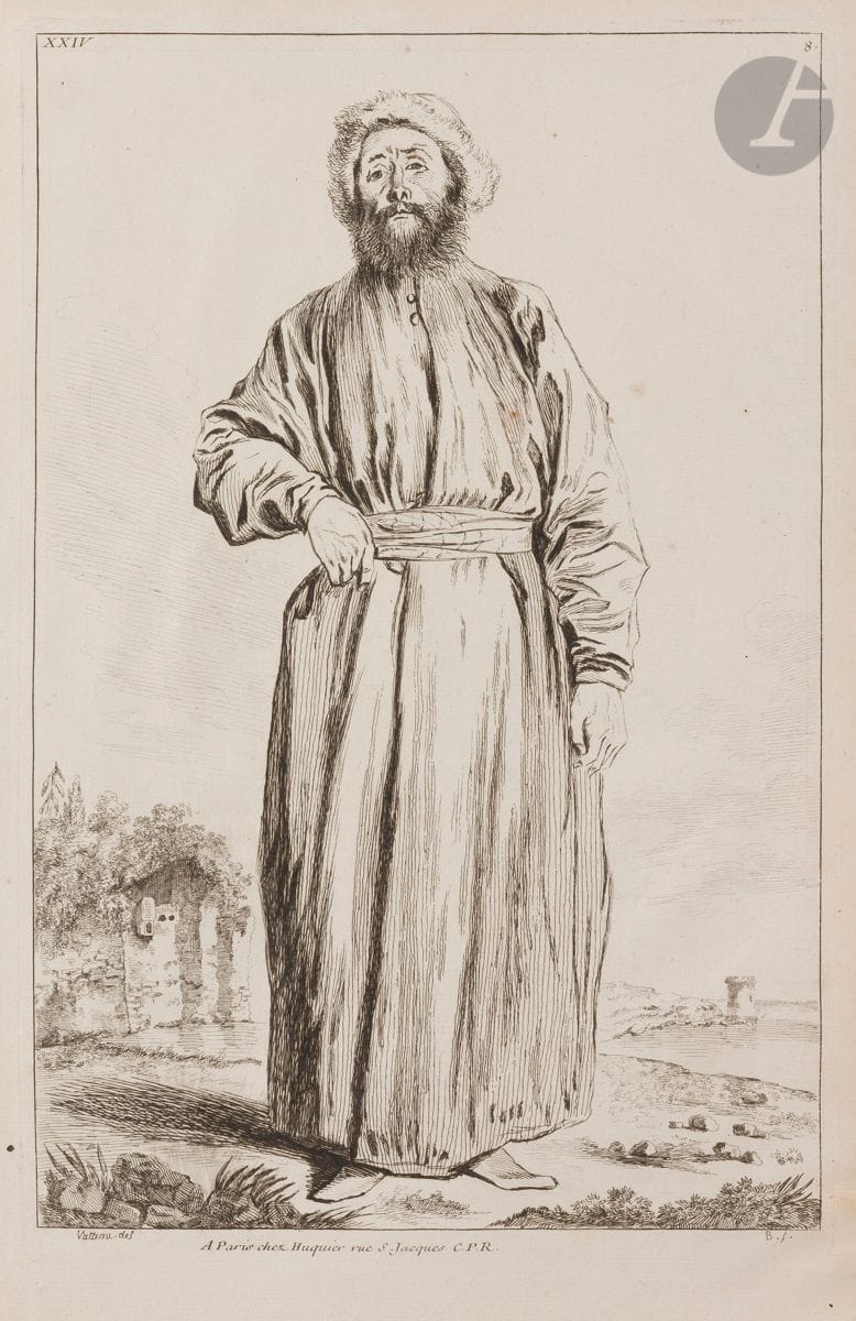 Jean-Antoine Watteau (1684-1721) (after
)Persian in profile; Man in oriental costume in foot. (Pl. des Figures de différents caractères). Engraved with etching by Boucher. 218 x 355 and 230 x 350. Goncourt 351 and 428. Very nice proofs on laid paper, the 1st of the 1st state (out of 2) before the backgrounds and the number in Roman numerals, the 2nd slightly oxidized. All margins. Set. 2 p.
