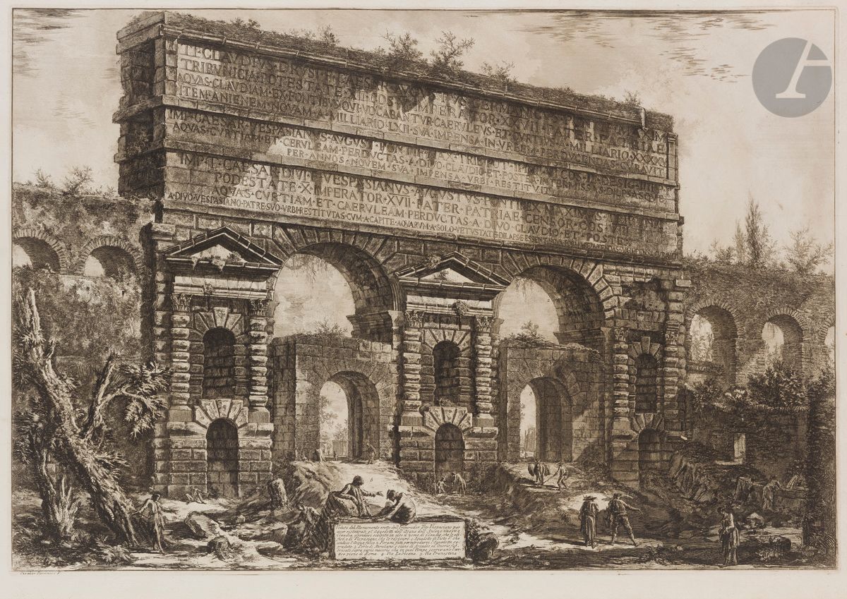 Giambattista Piranesi (1720-1778)
Veduta del Monumento erreto dall’ Imperador Tito Vespasianus… (La Porte Maggiore, à l’origine arche de l’aqueduc Aqua Claudia). 1775. Eau-forte et burin. 705 x 490 [760 x 540]. Hind 119 (i/iii). Très belle épreuve sur vergé fort, avant les numéros. Numéro de folio 50 à la plume et à l’encre sépia dans l’angle supérieur droit. Pli vertical médian normal. Bord gauche irrégulier, largement déchiqueté, avec petits trous d’onglets de reliure. Grandes marges. 1er tirage parisien.