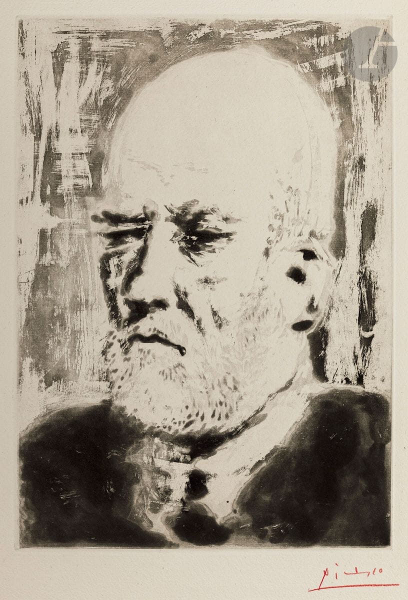 Pablo Picasso (1891-1973)
Portrait de Vollard II. (Suite Vollard, pl. 98). 1937. Aquatinte au sucre. 243 x 343. Bloch 231 ; Baer 618 B d. Parfaite épreuve sur vergé de Montval filigrané « Picasso », l’une des 150 du tirage à petites marges [340 x 447], signée au crayon rouge. A. Vollard éd.