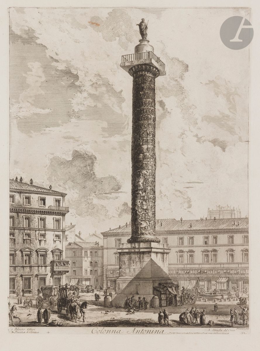 Giambattista Piranesi (1720-1778
)Colonna Antonina. (Column of Marcus Aurelius). 1758. Etching and burin. 405 x 550 [540 x 770]. Hind 52 (iii/v). A very fine proof on strong laid paper, the price erased, with the numbers in the tablet, before number 32 at upper right. Folio number 33 in pen and sepia ink in the lower right corner. Normal median horizontal fold with reinforcement at right edge on verso. Another reinforcement above the first one. Top edge irregular, slightly ragged, with small binding tab holes. Wide margins. First Parisian edition.
