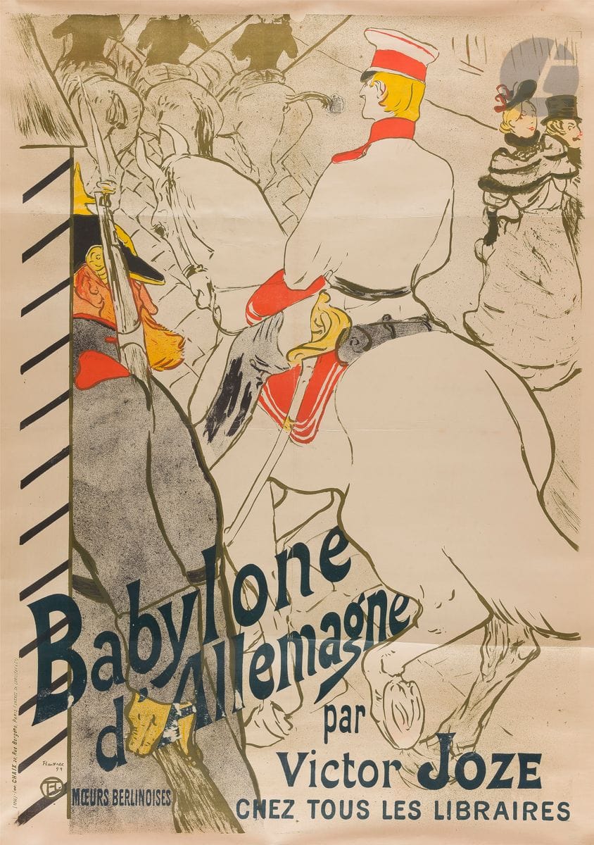 Henri de Toulouse-Lautrec (1864-1901)
Babylone d’Allemagne. Affiche. 1894. Lithographie. [875 x 1230]. Delteil 351 ; Wittrock P12. Impression en couleurs. Bonne épreuve sur vélin mince, entoilée. Plis verticaux et horizontaux, avec petites fractures aux intersections. Arrachements en surface dans la lettre en pied (notamment dans le mot « Allemagne »). Quelques petits trous et cloques visibles par transparence.