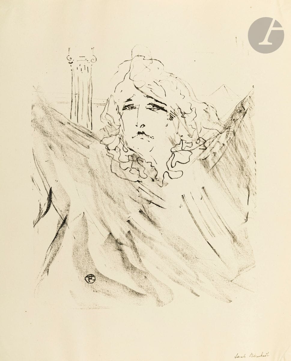 Henri de Toulouse-Lautrec (1864-1901)
Portraits d’acteurs et d’actrices. 1898. Lithographie. Chaque [320 x 392]. Delteil 150 à 162 ; Wittrock 249 à 261. Suite complète de 13 pl. Parfaites épreuves sur vélin glacé ivoire (sauf une, avec déchirures en marge supérieure), d’un tirage de 1913 environ, collées par les angles sur feuillet de vélin, la plupart annotées au crayon en pied à droite. Toutes marges.

 Liste des planches : 
- Sarah Bernhardt
- Jeanne Granier (annotée « Lender » en pied)
- Anna Held (annotée « Hadeng » en pied)
- May Belfort (annotée « Lavallière » en pied)
- Émilienne d’Alençon
- Coquelin Aîné
- Jane Hading (annotée « Sarah Bernhardt » en pied)
- Louise Balthy (annotée « Jeanne Granier » en pied)
- Sybil Sanderson (annotée « Yvette Guilbert » en pied)
- Cléo de Mérode
- Lucien Guitry
- Marie-Louise Marsy (annotée « Cassive » en pied). Deux longues déchirures obliques irrégulières en marge supérieure, la 2e pénétrant très légèrement dans le sujet. 
- Polin.