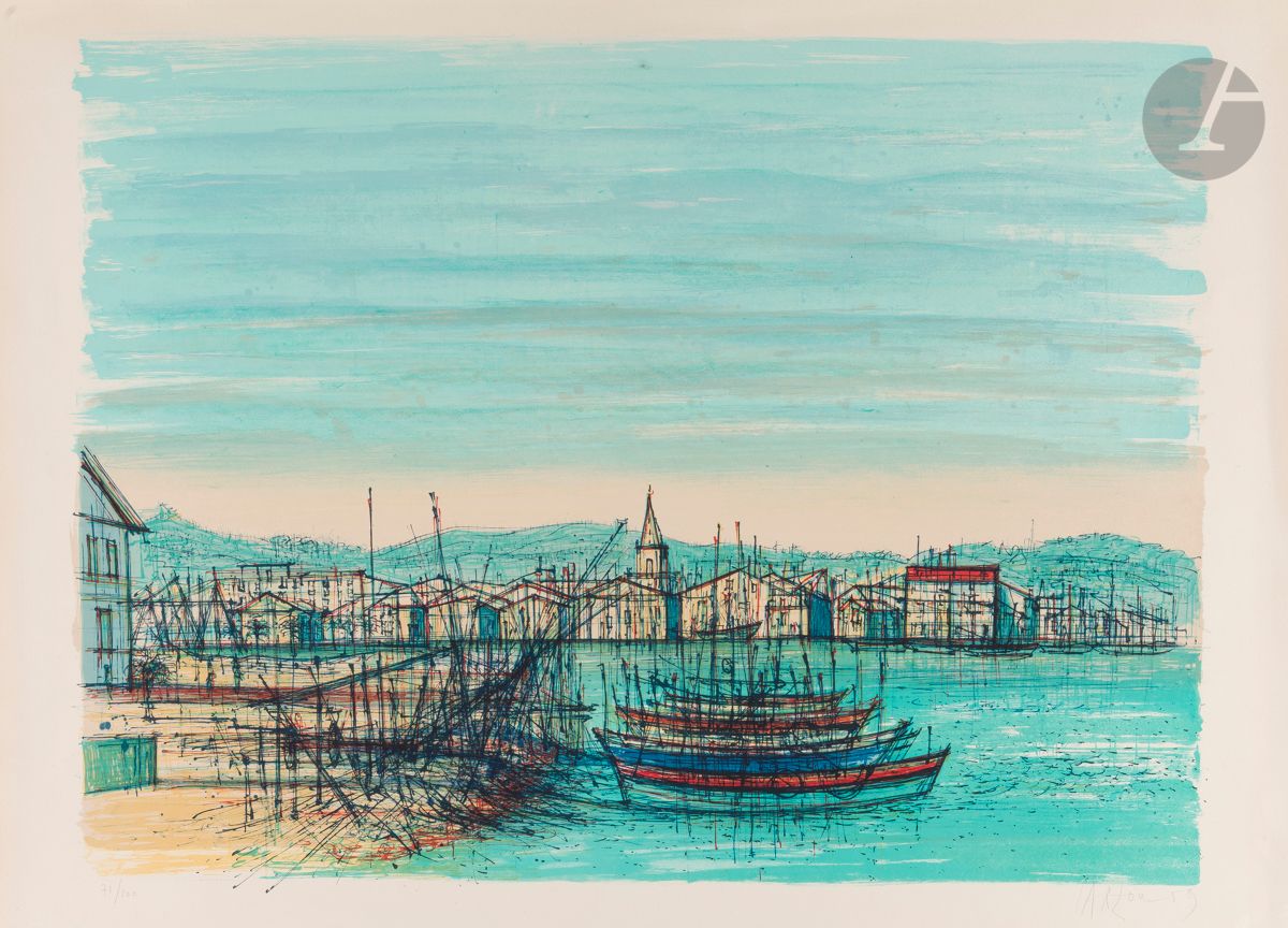 Jean Carzou (Karnik Zouloumian, dit) (1907-2000)
Martigues. 1959. Lithographie. 655 x 510. Cailler 62. Impression en couleurs. Très belle épreuve sur vélin, numérotée, signée et datée au crayon. Toutes marges. Tirage à 100 épreuves. Mourlot éd. Joint : Le Port de Cannes. (Pl. pour A. Maurois, France, Paris, J. Foret éd., 1959). Lithographie. 400 x 320. Cailler 76. Impression en couleurs. Épreuve tirée pleine feuille, le bord droit déchiqueté. Ens. 2 p.