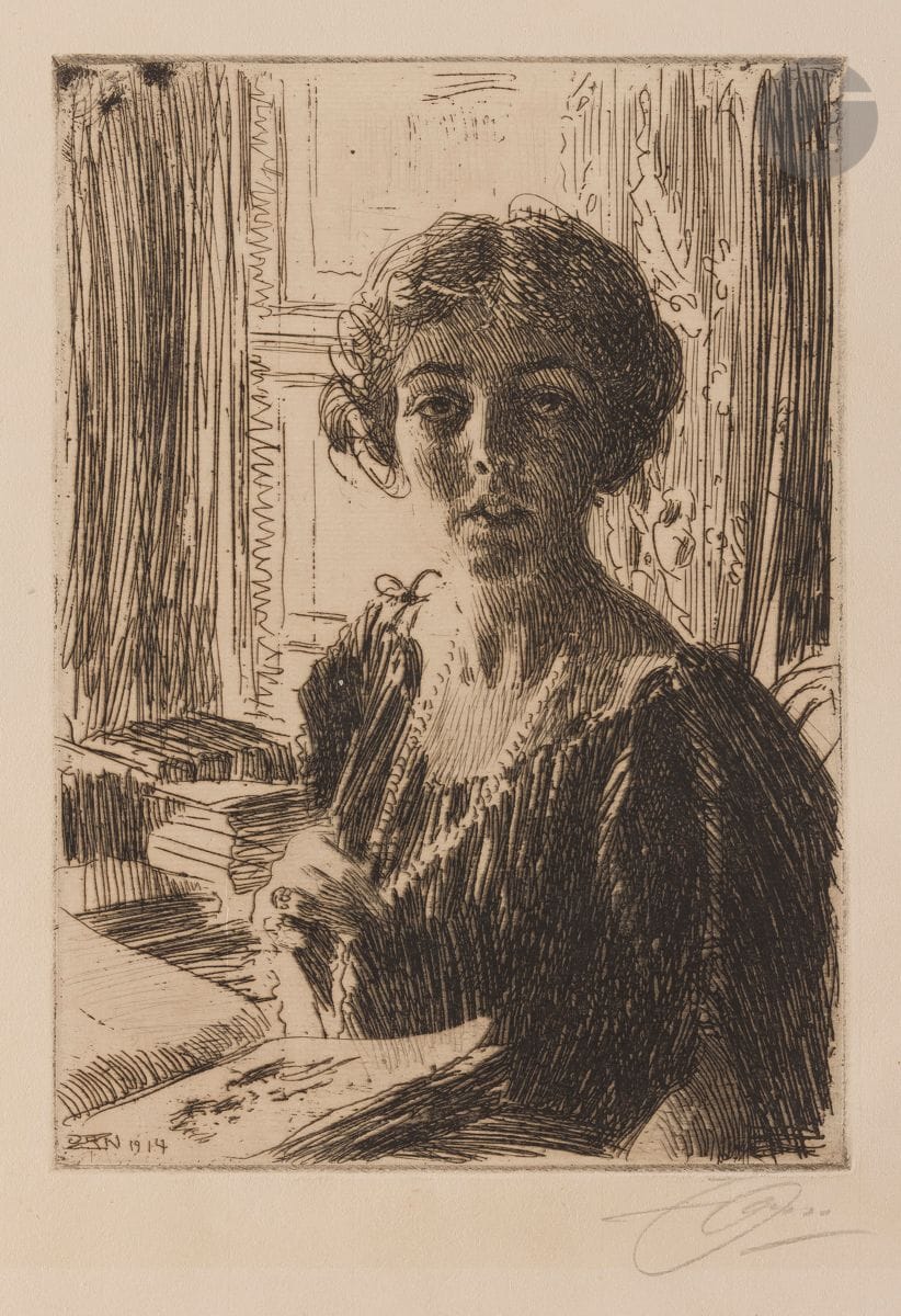 Anders Zorn (suédois, 1860-1920)
La Princesse royale Margaret de Suède. 1914. Eau-forte. 175 x 247. Asplund 264. Très belle épreuve sur vergé ivoire, signée au crayon. Infime trace d’oxydation à l’ouverture d’un ancien passe-partout. Toutes marges non ébarbées.