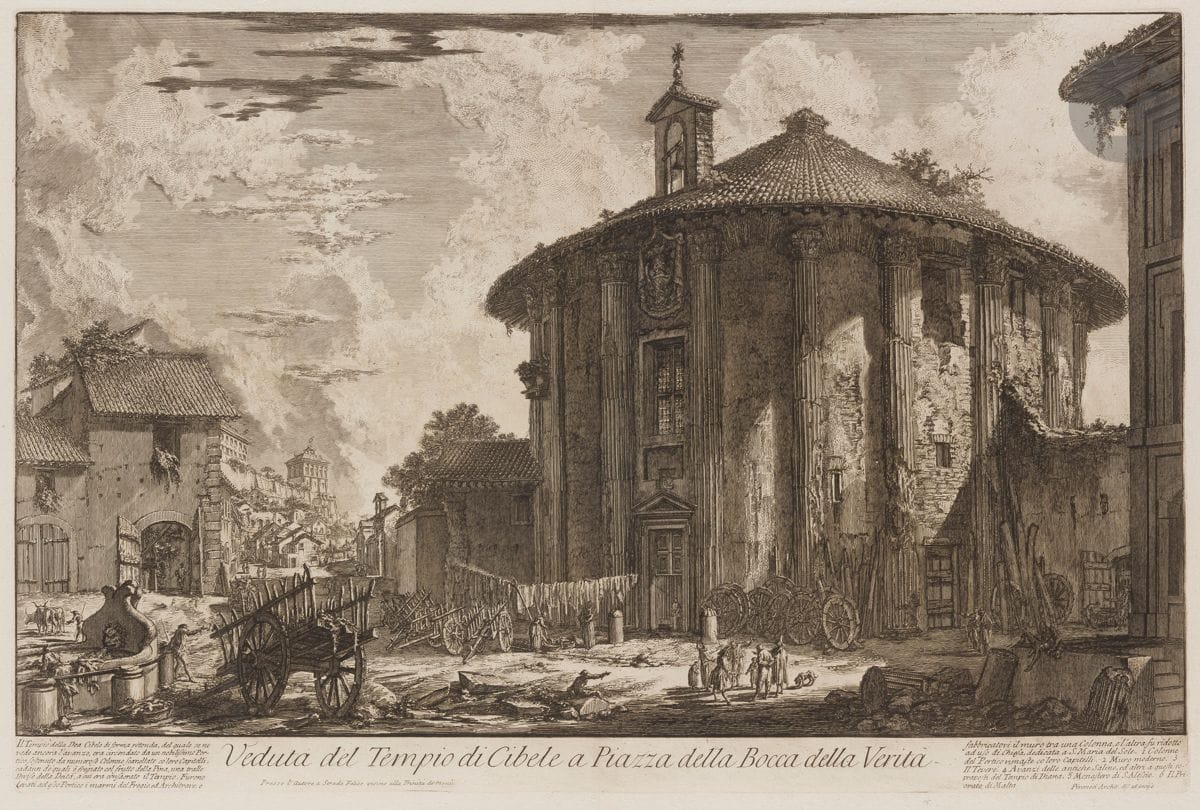 Giambattista Piranesi (1720-1778)
Veduta del Tempio di Cibele a Piazza della Bocca della Verita (Le Temple de la Fortune près de Santa Maria in Cosmedin). 1758. Eau-forte et burin. 600 x 398 [760 x 540]. Hind 47 (iii/v). Très belle et fraîche épreuve sur vergé fort, le prix effacé, avant le numéro 58. Numéro de folio 39 à la plume et à l’encre sépia dans l’angle supérieur droit. Pli vertical médian normal. Bord gauche irrégulier, légèrement déchiqueté, avec petits trous d’onglets de reliure. Grandes marges. 1er tirage parisien.