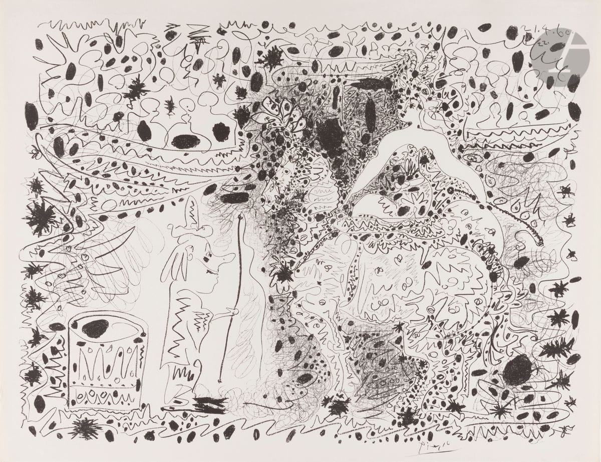 Pablo Picasso (1891-1973
)The Squire. 1960. Autograph. 640 x 500. Mourlot 333; Bloch 999; Güse-Rau 699. Very nice and fresh proof on white vellum, with the lithographed signature, from the numbered edition for the newspaper Le Patriote (Nice).
