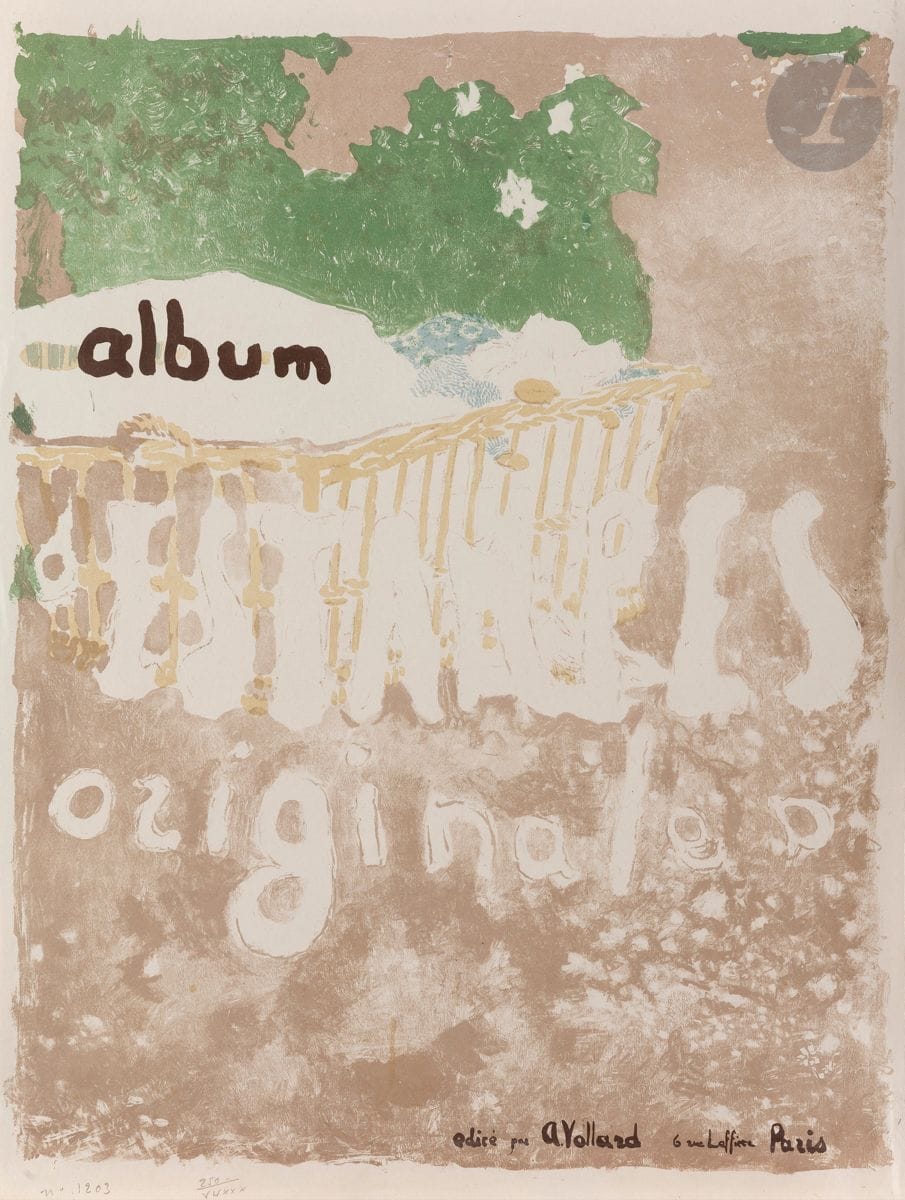 Édouard Vuillard (1868-1940)
Couverture pour l’Album d’estampes originales. 1898. Lithographie. [468 x 630]. Roger-Marx 47. Impression en couleurs. Très belle et fraîche épreuve sur chine volant, du 2e état (sur 3), avant ajout de touches de vert au-dessus du nom de l’éditeur. Toutes marges. A. Vollard éd. (couverture pour un album envisagé qui ne fut jamais publié).