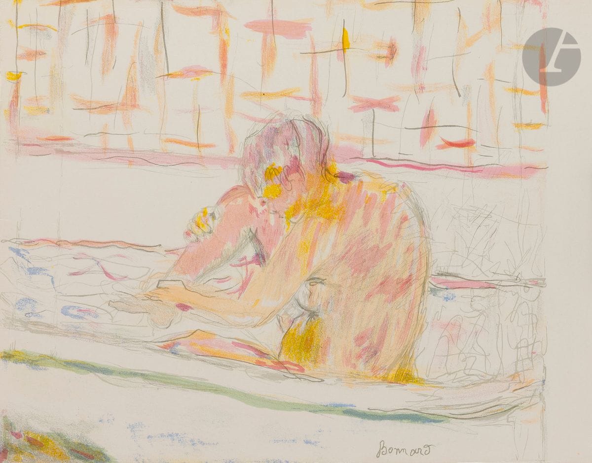 Pierre Bonnard (1867-1947)
Femme assise dans sa baignoire. Illustration pour le fascicule-programme de la « Grande Soirée Maurice Chevalier » du vendredi 14 août 1942 aux Ambassadeurs à Cannes. 1942. Lithographie. [325 x 250]. Bouvet 115. Impression en couleurs. Très belle épreuve sur vélin fort crème, de la couverture seule (sans le fascicule). Le bord gauche du feuillet légèrement déchiqueté (suite à l’arrachage du fascicule).