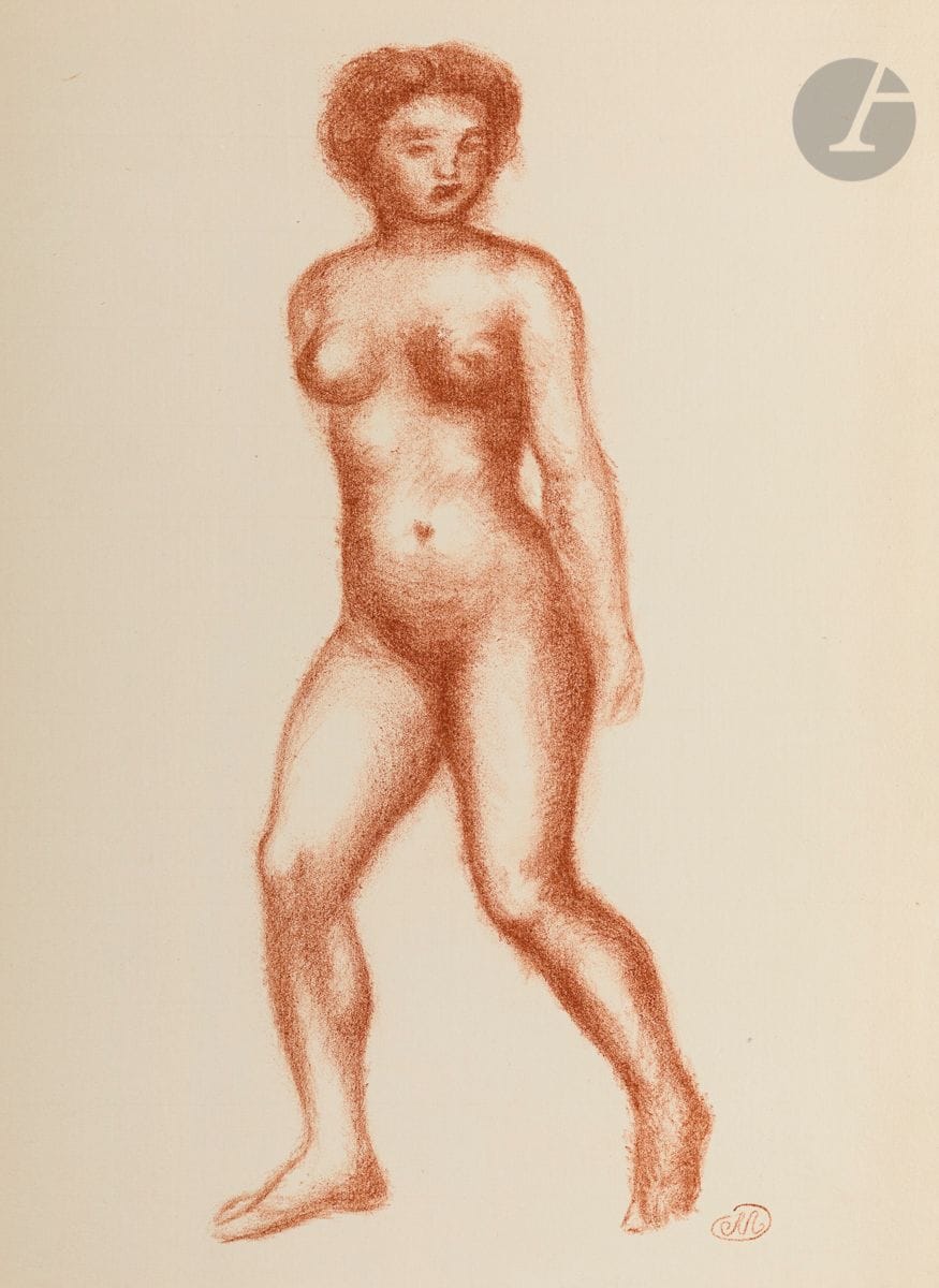 Aristide Maillol (1861-1944
) Nude women in full length. (Pl. for Ovide, L'Art d'aimer. Lausanne, Gonin, 1935). Lithograph. [280 x 385]. Guerin 318 and not described (unpublished variant). Printed in sanguine. Very nice proofs on Montval laid paper. All margins. Set. 2 p.
