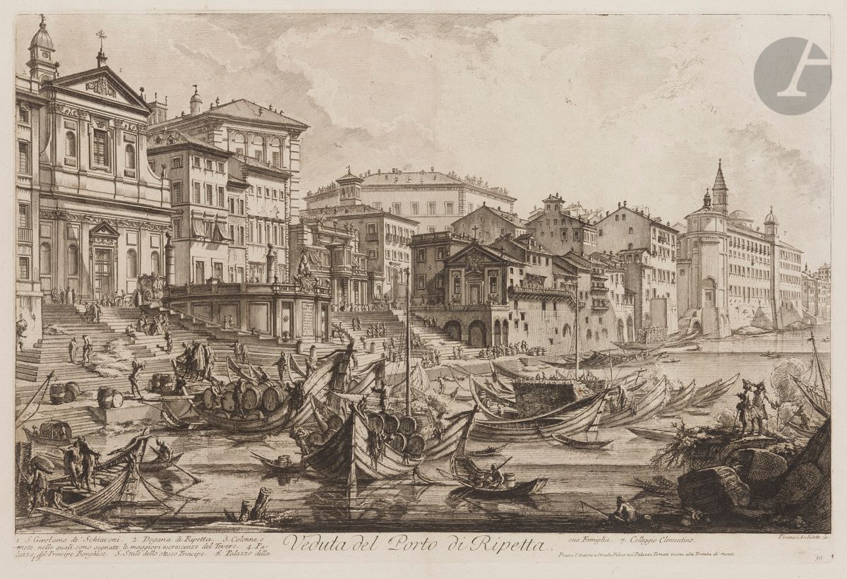Giambattista Piranesi (1720-1778)
Veduta del Porto di Ripetta (Vue du port de Ripetta). 1753. Eau-forte et burin. 595 x 395 [760 x 540]. Hind 28 (vi/viii). Très belle et fraîche épreuve sur vergé fort, le prix effacé, avec les numéros IX et 50 mais avant le nouveau numéro 50 en haut à droite. Numéro de folio 51 à la plume et à l’encre sépia dans l’angle supérieur droit. Pli vertical médian normal. Bord gauche irrégulier, légèrement déchiqueté, avec petits trous d’onglets de reliure. Grandes marges. 1er tirage parisien.