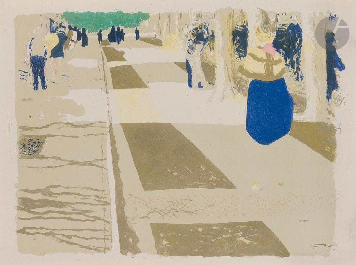 Édouard Vuillard (1868-1940)
L’Avenue. (Pl. pour Paysages et Intérieurs). 1899. Lithographie. 415 x 310. Roger-Marx 33 ; Johnson 155-2. Impression en couleurs. Très belle et fraîche épreuve sur chine volant. Très fins plis cassés. Toutes marges [450 x 335]. Tirage à 100 épreuves. A. Vollard éd.