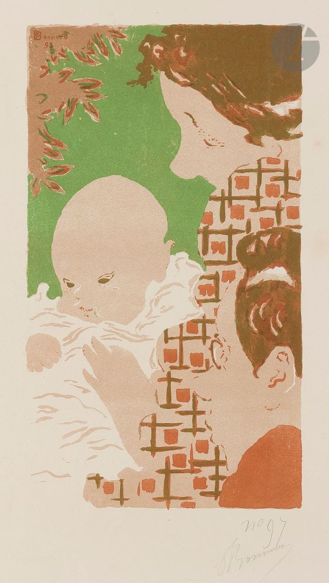 Pierre Bonnard (1867-1947)
Scène de famille (en hauteur). 1893. Lithographie. 175 x 310. Bouvet 4. Impression en couleurs. Belle épreuve sur vélin crème, numérotée et signée au crayon. Petites ondulations aux bords du feuillet. Légère auréole d’humidité empoussiérée, avec courts plis cassés, au bord inférieur gauche du feuillet. Quelques rousseurs claires. Toutes marges. Tirage à 100 épreuves. Timbre sec : L’Estampe originale (Lugt 819).