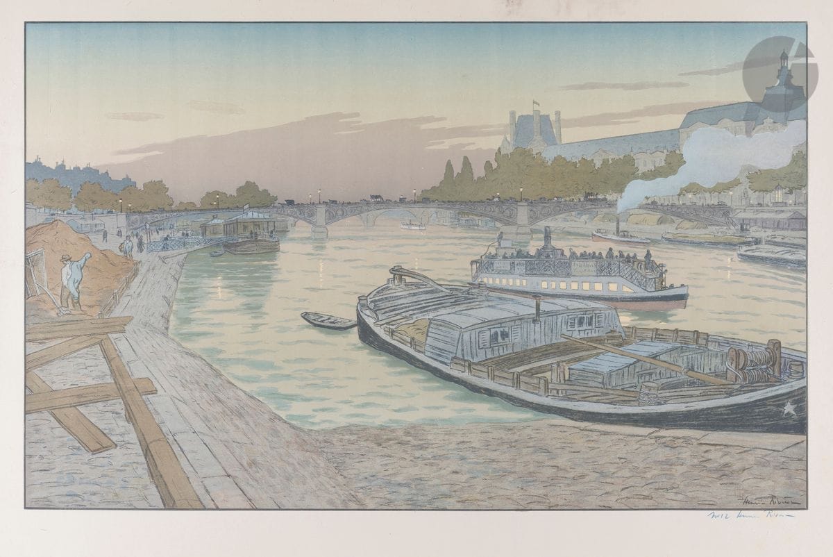 Henri Rivière (1864-1951)
Le Pont des Saints-Pères et le Louvre. (Paysages parisiens, pl. 6). 1900. Lithographie. 820 x 525. Fields p. 77. Impression en couleurs. Très belle épreuve, l’une des 25 sur chine volant, numérotée et signée au crayon bleu. Petites salissures brunâtres en marge supérieure. Toutes marges [900 x 623].