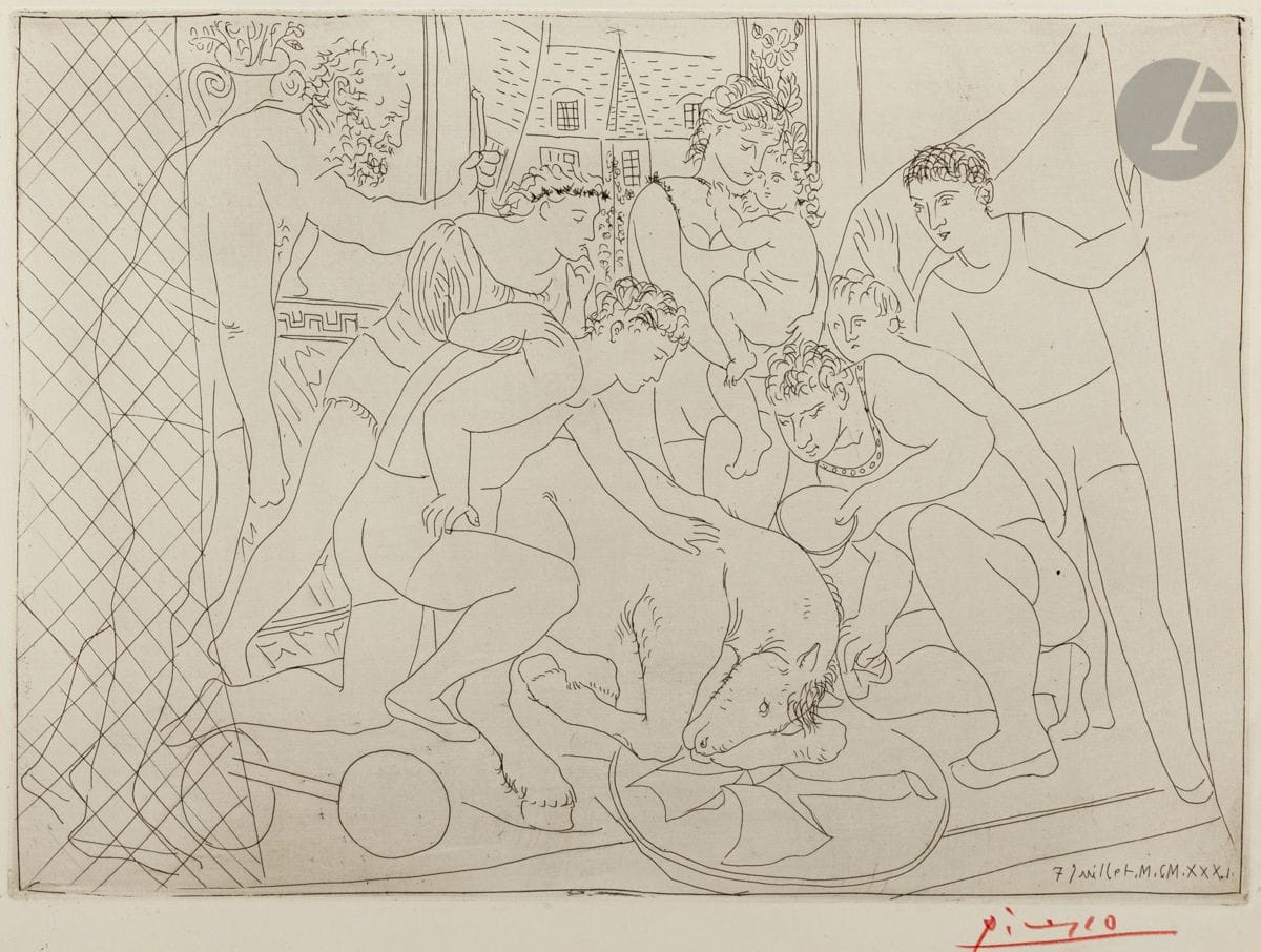Pablo Picasso (1891-1973)
Cheval mourant entouré d’une famille de saltimbanques. 7 juillet 1931. Eau-forte. 310 x 220. Bloch 235 ; Baer 206 B b. Parfaite épreuve tirée avec légère teinte de fond, l’une des 60 sur vélin crème, signée au crayon rouge. Toutes marges non ébarbées [325 x 252]. Tirage effectué en 1947 par Lucien Vollard et Marcel Lecomte. Tirage total à environ 100 épreuves.