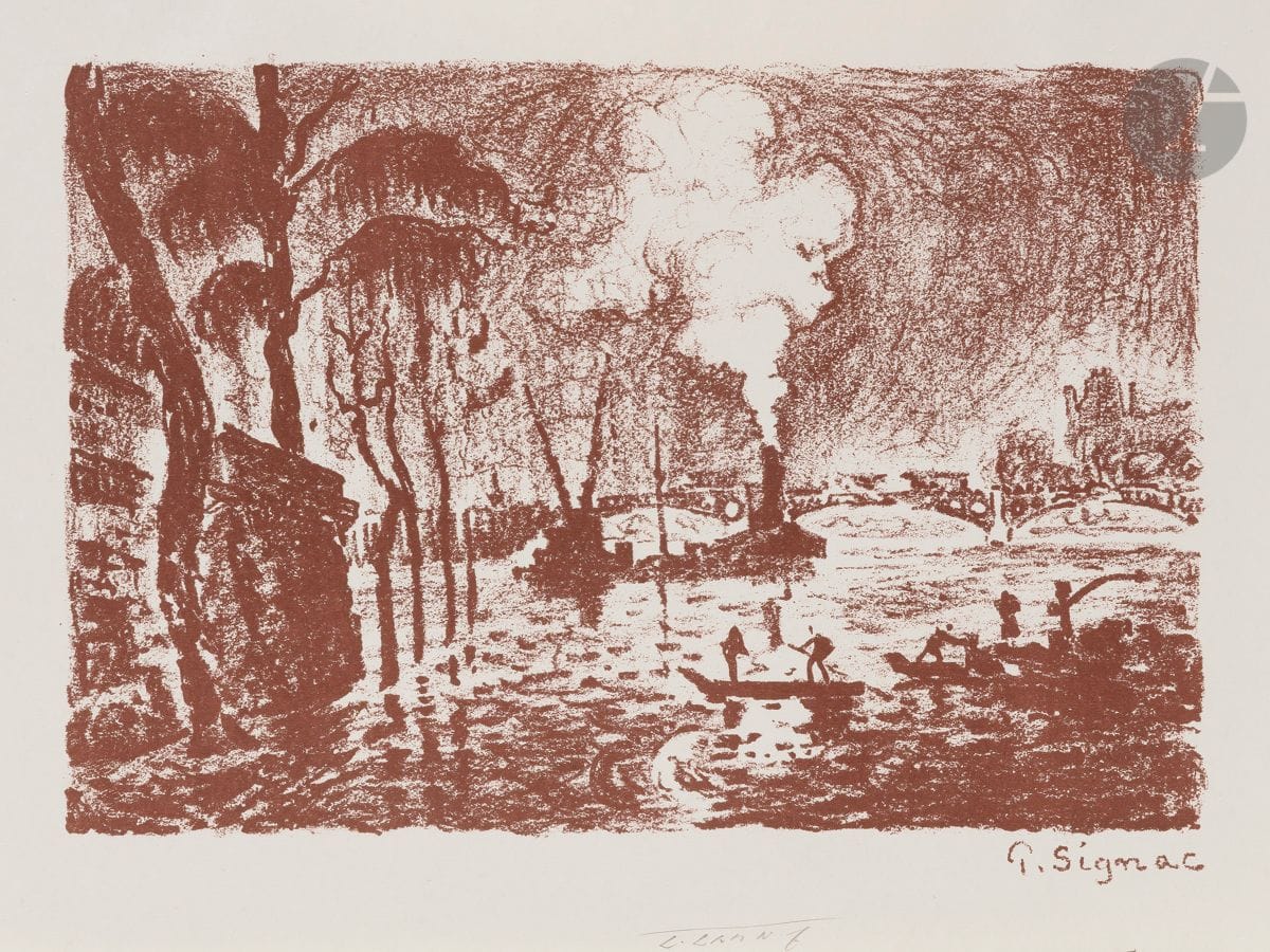Paul Signac (1863-1935)
La Seine en crue, en 1910. 1923. Lithographie. 222 x 150. Kornfeld et Wick 23. Impression en brun rouge. Très belle épreuve sur vélin glacé, du 1er état (sur 2), avant effaçage de la signature lithographiée (tirage de l’affiche pour l’exposition de la Neue Galerie de Vienne, la partie portant le texte imprimé découpée comme la plupart du temps). Petites marges.