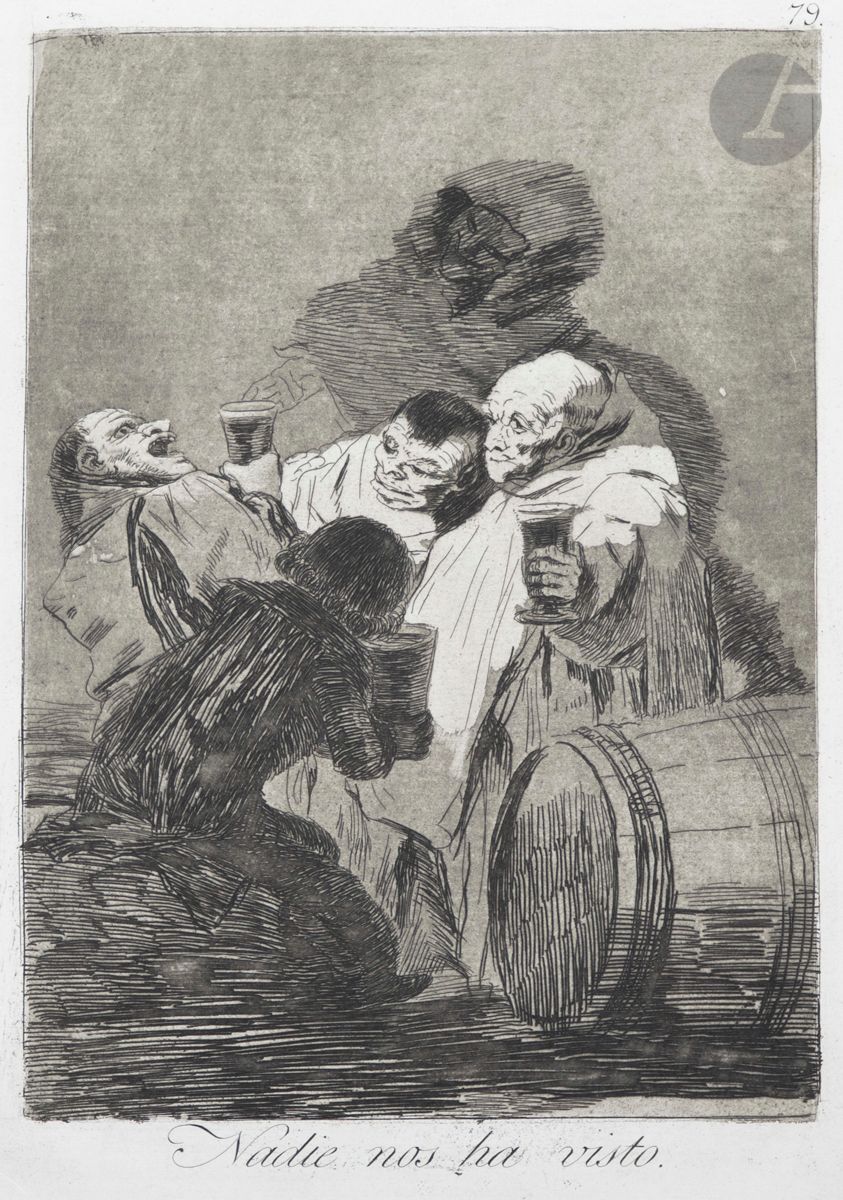 Francisco de Goya y Lucientes (1746-1828)
Nadie nos ha visto (Personne ne nous a vus). (Pl. 79 des Caprices). 1799. Eau-forte et aquatinte. 150 x 200. Delteil 82 ; Harris 80. Très belle épreuve sur vélin blanc, du 3e tirage (1868), avant les biseaux. Fin pli de tirage oblique en travers de l’angle inférieur gauche du cuivre. Fine bande d’empoussiérage aux bords du feuillet. Petite trace partielle de punaise rouillée dans l’angle inférieur gauche. Toutes marges [242 x 320].