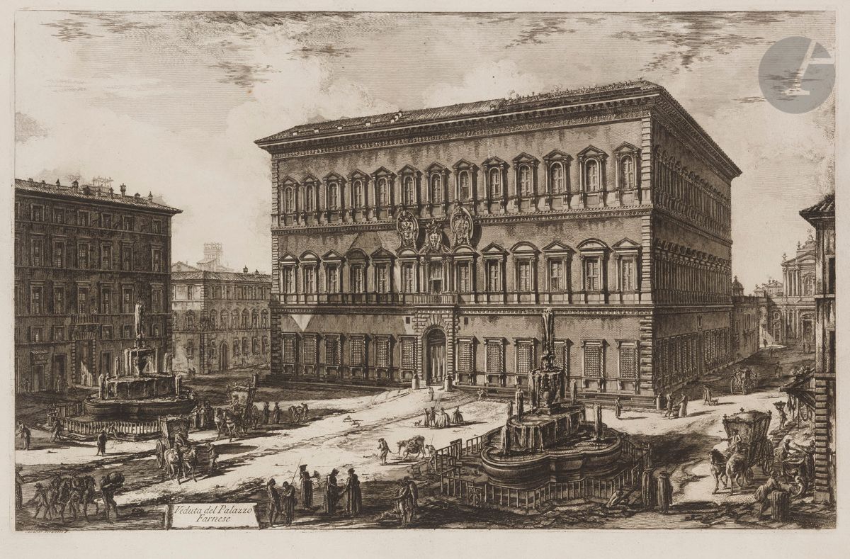 Giambattista Piranesi (1720-1778)
Veduta del Palazzo Farnese (Le Palais Farnèse). 1773. Eau-forte et burin. 650 x 410 [760 x 540]. Hind 107 (i/iii). Très belle épreuve sur vergé fort, avant les numéros. Numéro de folio 38 à la plume et à l’encre sépia dans l’angle supérieur droit. Pli vertical médian normal. Large rousseur en marge inférieure. Bord gauche irrégulier, légèrement déchiqueté, avec petits trous d’onglets de reliure. Grandes marges. 1er tirage parisien.