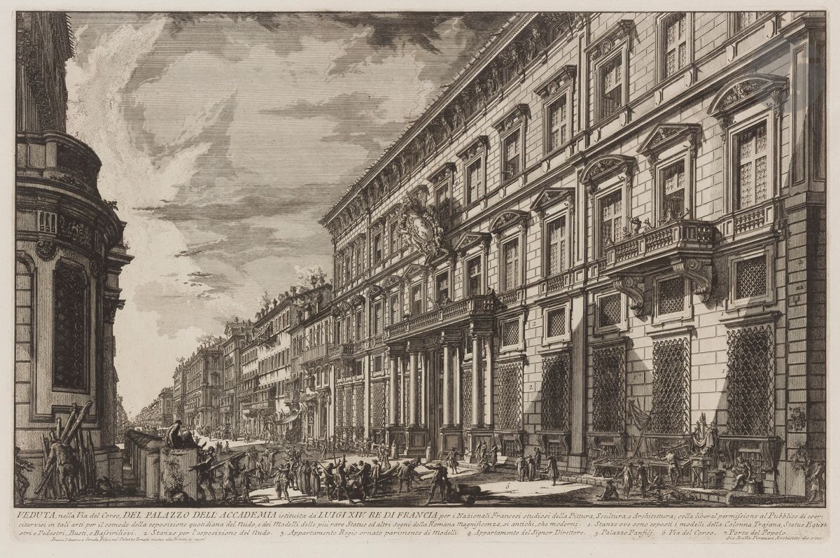 Giambattista Piranesi (1720-1778)
Veduta, nella Via del Corso, del Palazzo dell’ Accademia… (Palais Salviati, anciennement Académie de France à Rome). 1752. Eau-forte et burin. 620 x 405 [764 x 540]. Hind 24 (iii/v). Très belle et fraîche épreuve sur vergé fort, le prix effacé, avant le numéro 40. Numéro de folio 41 à la plume et à l’encre sépia dans l’angle supérieur droit. Pli vertical médian normal. Bord gauche irrégulier, légèrement déchiqueté, avec petits trous d’onglets de reliure. Grandes marges. 1er tirage parisien.