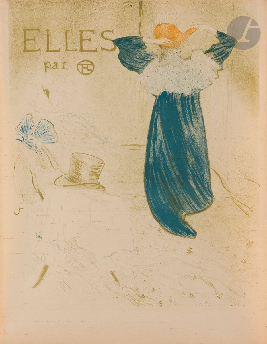 Henri de Toulouse-Lautrec (1864-1901)
Affiche pour la suite « Elles ». 1896. Lithographie. 468 x 573 [500 x 650]. Delteil 179 ; Wittrock 155-3. Impression en couleurs. Belle épreuve d’essai, avant la lettre, sur vélin mince crème. Petits points de décharge d’encre rousse répétés régulièrement, formant de fines bandes horizontales, perceptibles surtout dans les blancs de la feuille – vraisemblablement causés par un mauvais nettoyage du râteau de la presse. Infime accrocs et plis aux bords du feuillet. Petit manque au bord droit. Toutes marges (celle du bas mesurant 75 mm).
