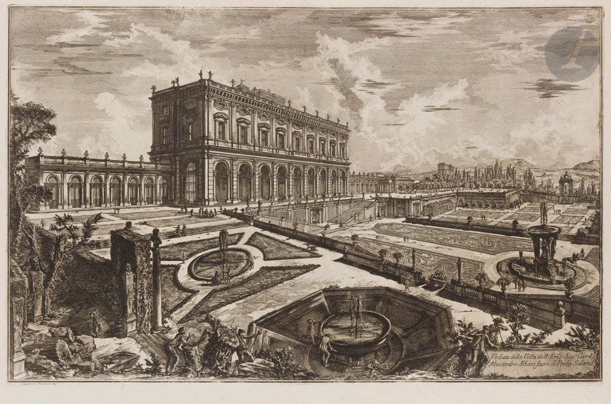Giambattista Piranesi (1720-1778)
Veduta della Villa dell’ Emo. Sign Card. Alessandro Albani… (Villa Albani). 1769. Eau-forte et burin. 695 x 440 [760 x 538]. Hind 89 (i/iii). Très belle et fraîche épreuve sur vergé fort, avant le numéro 44. Numéro de folio 45 à la plume et à l’encre sépia dans l’angle supérieur droit. Pli vertical médian normal. Bord gauche irrégulier, légèrement déchiqueté, avec petits trous d’onglets de reliure. Grandes marges. 1er tirage parisien.