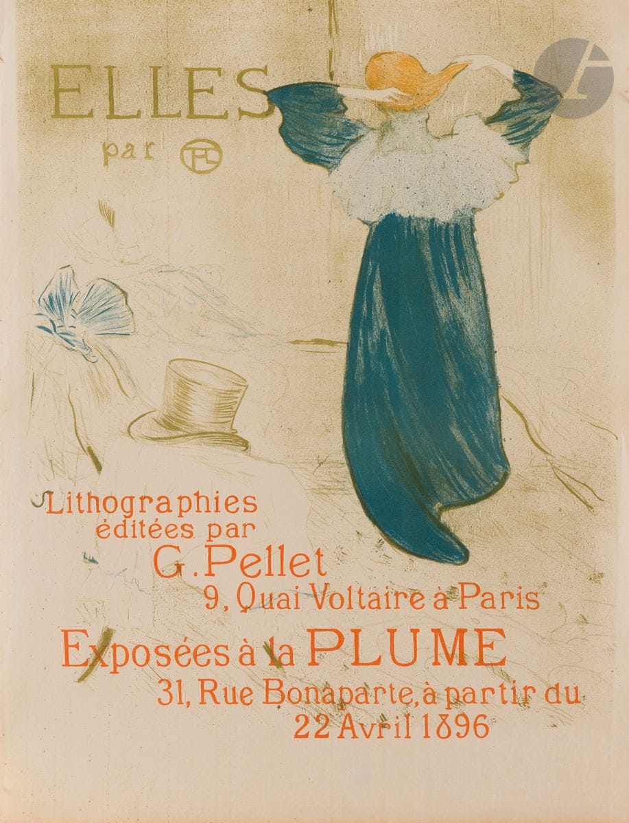 Henri de Toulouse-Lautrec (1864-1901)
Affiche pour la suite « Elles ». 1896. Lithographie. 460 x 585 [500 x 650]. Delteil 179 ; Wittrock 155-3. Impression en couleurs. Belle épreuve avec la lettre, sur vélin mince crème. Petits points de décharge d’encre rousse répétés régulièrement, formant de fines bandes horizontales, perceptibles surtout dans les blancs de la feuille – vraisemblablement causés par un mauvais nettoyage du râteau de la presse. Infime accrocs et plis aux bords du feuillet (plus marqués dans l’angle supérieur gauche). Toutes marges (celle du bas mesurant 75 mm).