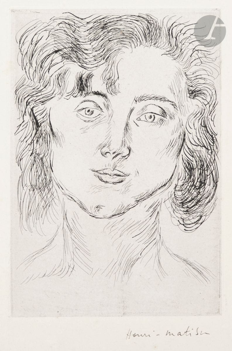Henri Matisse (1869-1954)
Portrait de la fille de l’artiste. (Frontispice pour Cinquante dessins, aux dépens de l’artiste, 1920). Eau-forte. 100 x 145. Duthuit-Garnaud (livres illustrés) 2. Belle épreuve sur chine appliqué, exceptionnellement signée à la plume et à l’encre. Légère oxydation du feuillet et rousseurs claires. Bande d’oxydation plus foncée le long du bord gauche. Toutes marges.