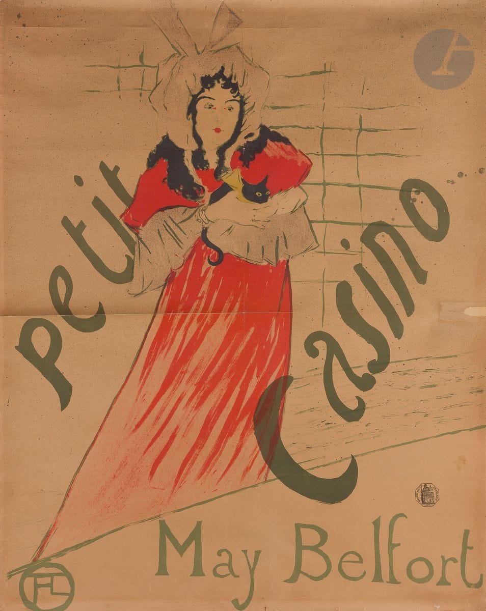 Henri de Toulouse-Lautrec (1864-1901)
May Belfort. Affiche. 1895. Lithographie. [615 x 795]. Delteil 354 ; Wittrock P14. Impression en couleurs. Belle et rare épreuve sur vélin mince, avec le texte « Petit Casino », anciennement entoilée. Plis médians légèrement fracturés. Déchirure avec manque au bord au centre à droite. Minuscule manque dans le col noir à droite. Petits accrocs et accidents aux bords du feuillet.

 May Belfort (vers 1872-1929) était une chanteuse et comédienne irlandaise, qui se produisait au café des Décadents et au Petit Casino. Elle commanda à Lautrec cette affiche célèbre qui la montre en robe rouge, tenant dans les bras son chat noir. Elle devint un des modèles favoris de l’artiste. Elle jouait sur un registre enfantin et portait sur scène un bonnet et une robe à taille haute qui lui valurent une grande popularité. Elle fonda sa brève carrière sur la chanson grivoise « J’ai un petit chat, et j’aime beaucoup ça ».