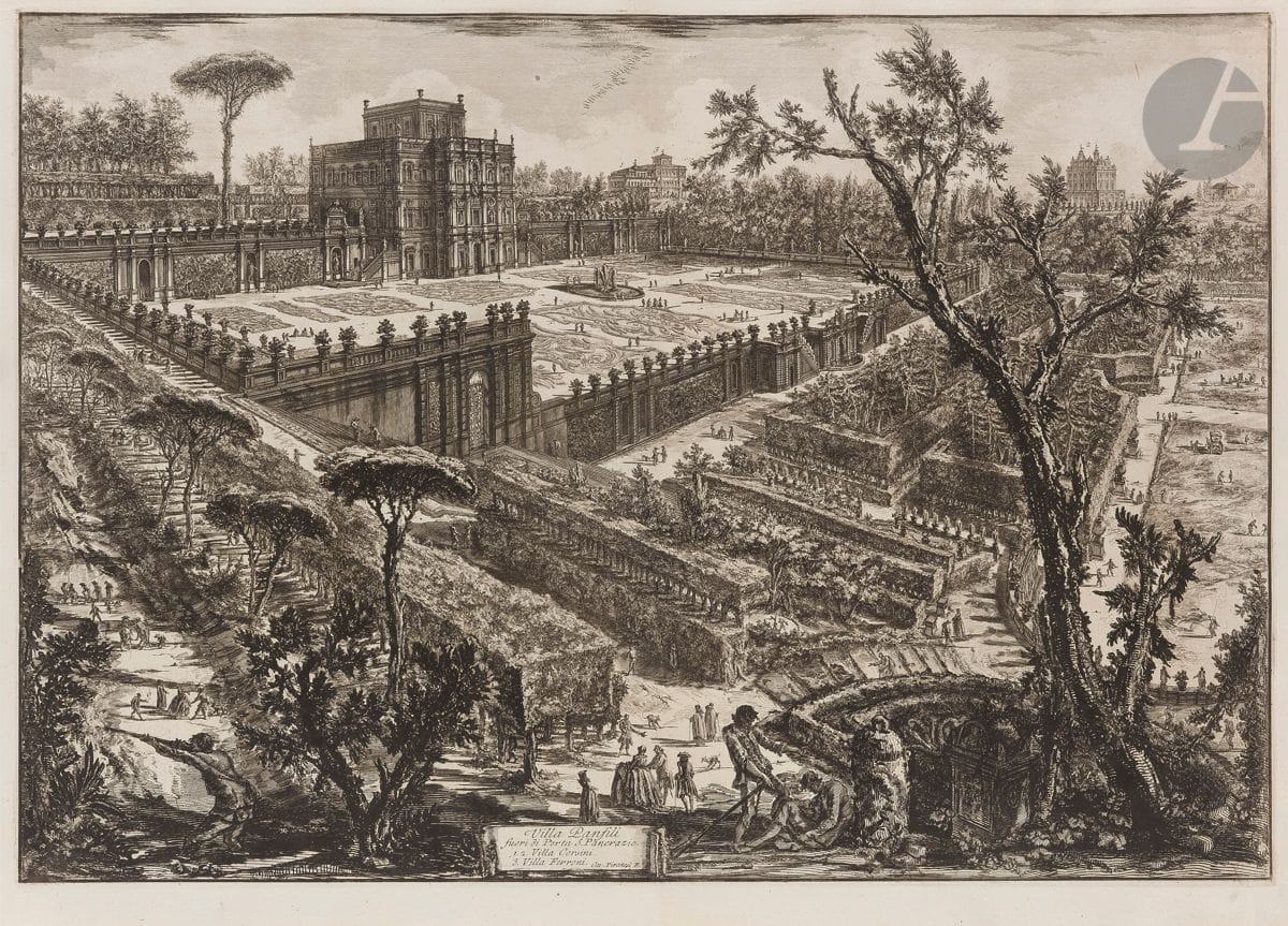 Giambattista Piranesi (1720-1778)
Villa Pamphili. 1776. Eau-forte et burin. 705 x 490 [760 x 540]. Hind 124 (i/iii). Très belle et fraîche épreuve sur vergé fort, avant les numéros. Numéro de folio 46 à la plume et à l’encre sépia dans l’angle supérieur droit. Pli vertical médian normal. Petit accident dans l’angle inférieur droit, avec renfort au verso. Bord gauche irrégulier, légèrement déchiqueté, avec petits trous d’onglets de reliure. Grandes marges. 1er tirage parisien.