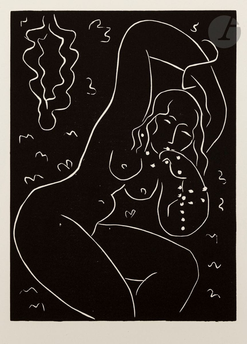 Henri Matisse (1869-1954) (d’après)
Nu au bracelet. Vers 1960. Lithographie d’après la gravure sur linoléum de 1940 (Duthuit-Garnaud 725). 178 x 244. Parfaite épreuve sur vélin blanc. Toutes marges [284 x 380].